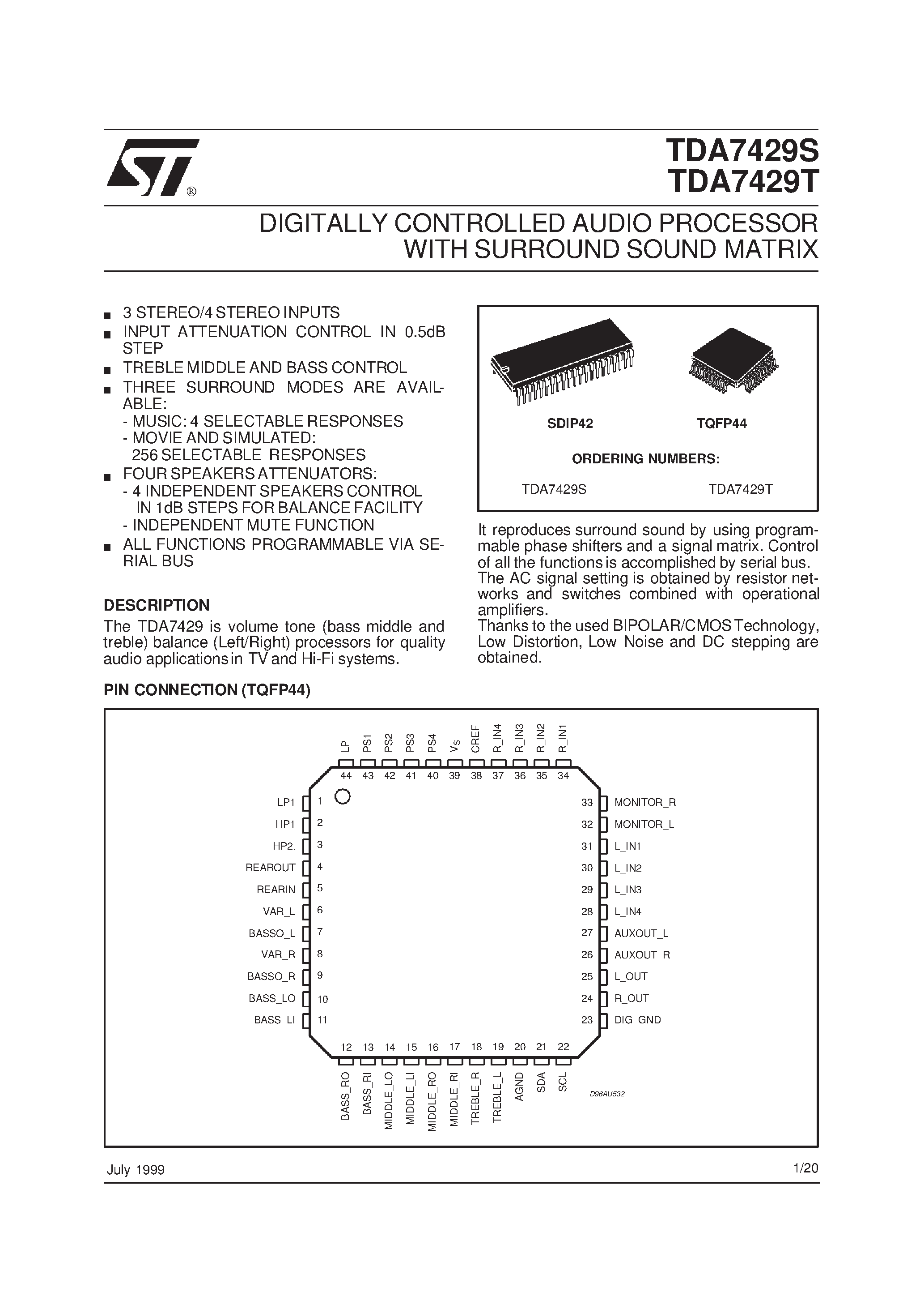 Datasheet TDA7429T - DIGITALLY CONTROLLED AUDIO PROCESSOR WITH SURROUND SOUND MATRIX page 1
