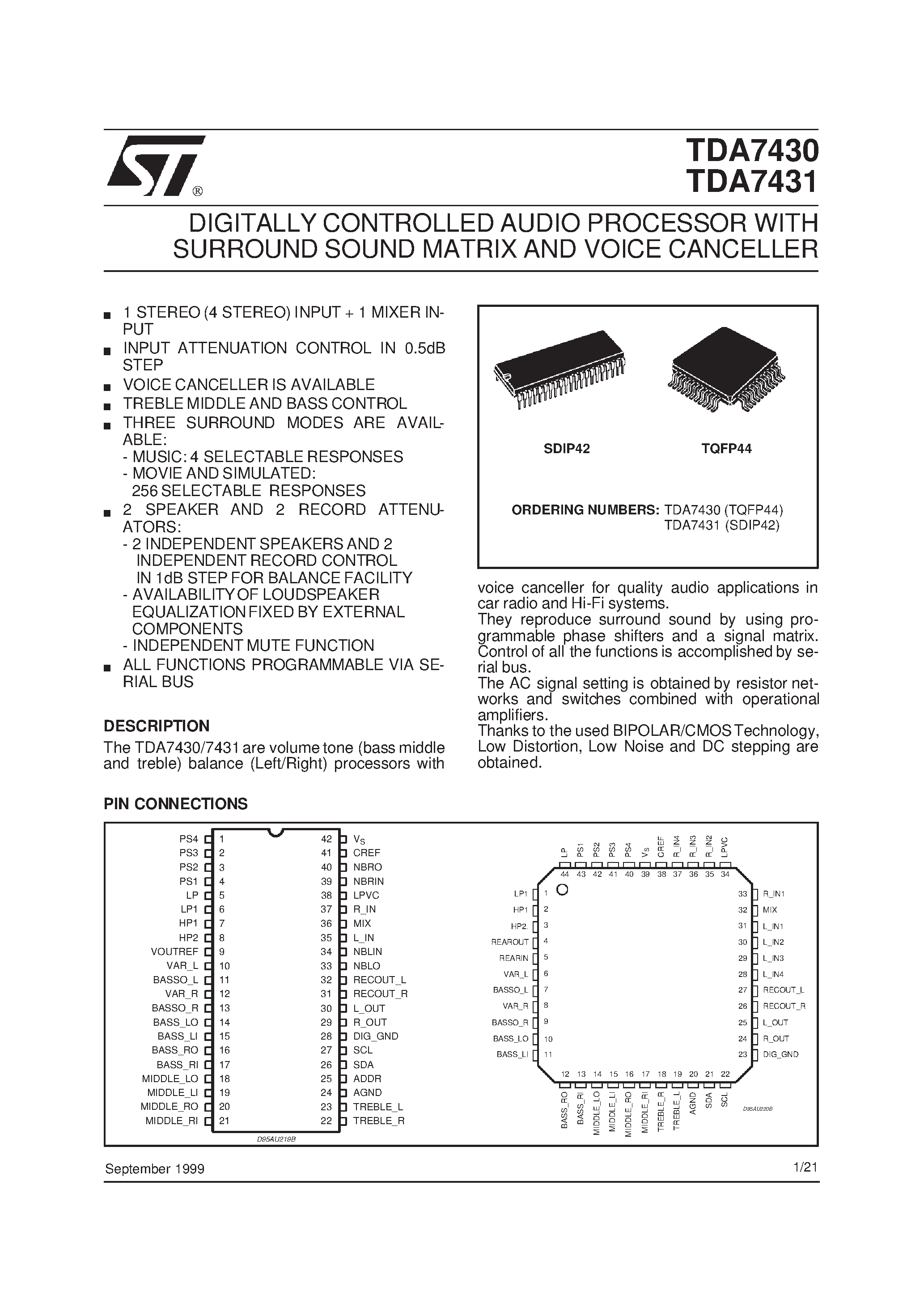 Datasheet TDA7431 - DIGITALLY CONTROLLED AUDIO PROCESSOR WITH SURROUND SOUND MATRIX AND VOICE CANCELLER page 1