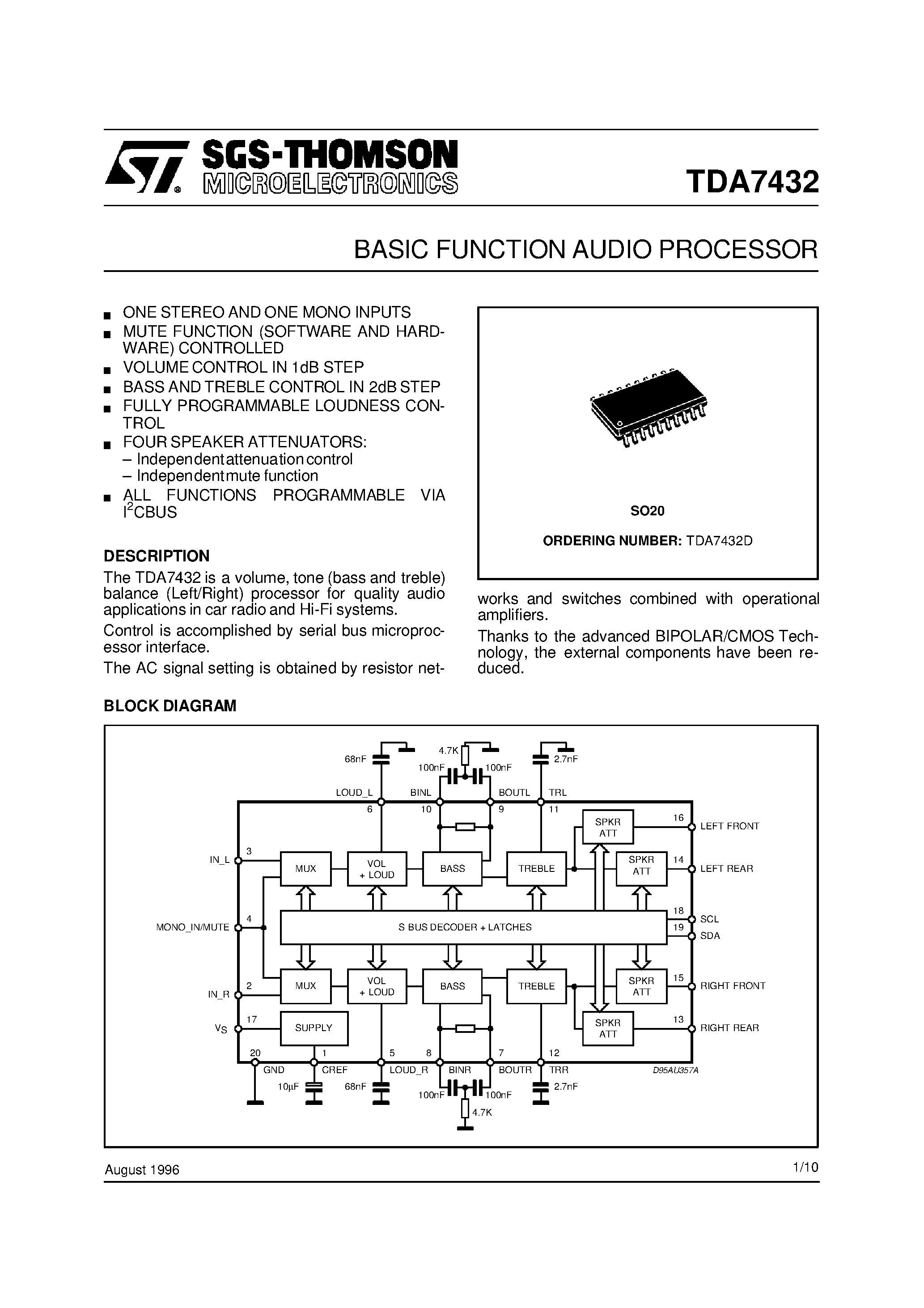 Datasheet TDA7432 - BASIC FUNCTION AUDIO PROCESSOR page 1