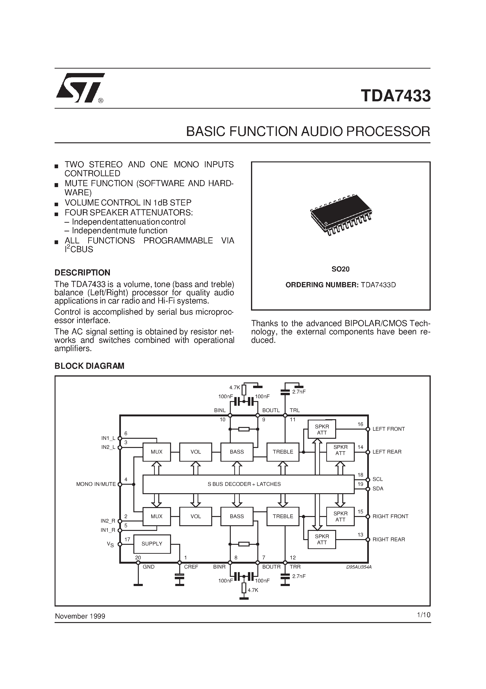 Даташит на микросхему TDA7433D страница 1 Даташит TDA7433D - BASIC FUNCTION AUDIO PROCESSOR страница 1