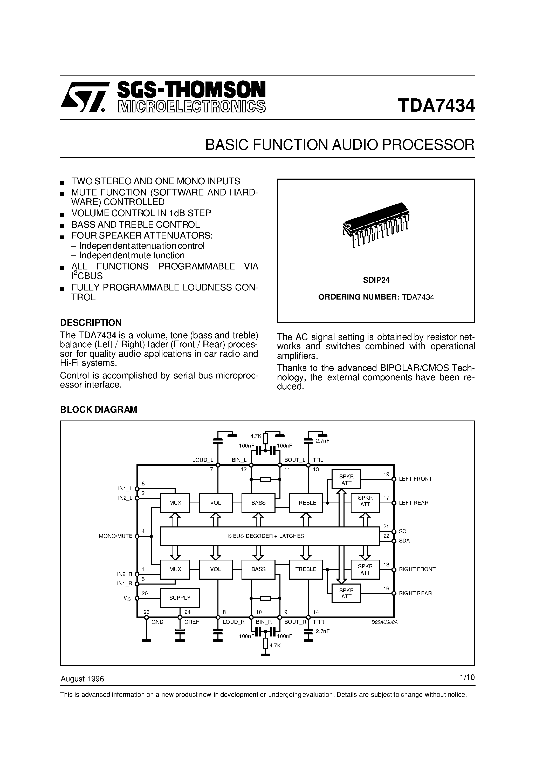 Datasheet TDA7434 - BASIC FUNCTION AUDIO PROCESSOR page 1
