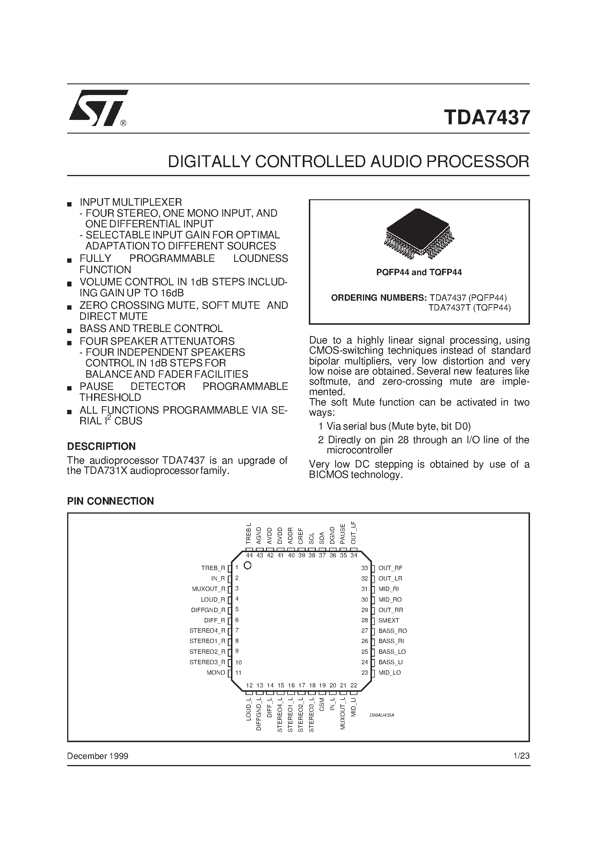 Datasheet TDA7437 - DIGITALLY CONTROLLED AUDIO PROCESSOR page 1