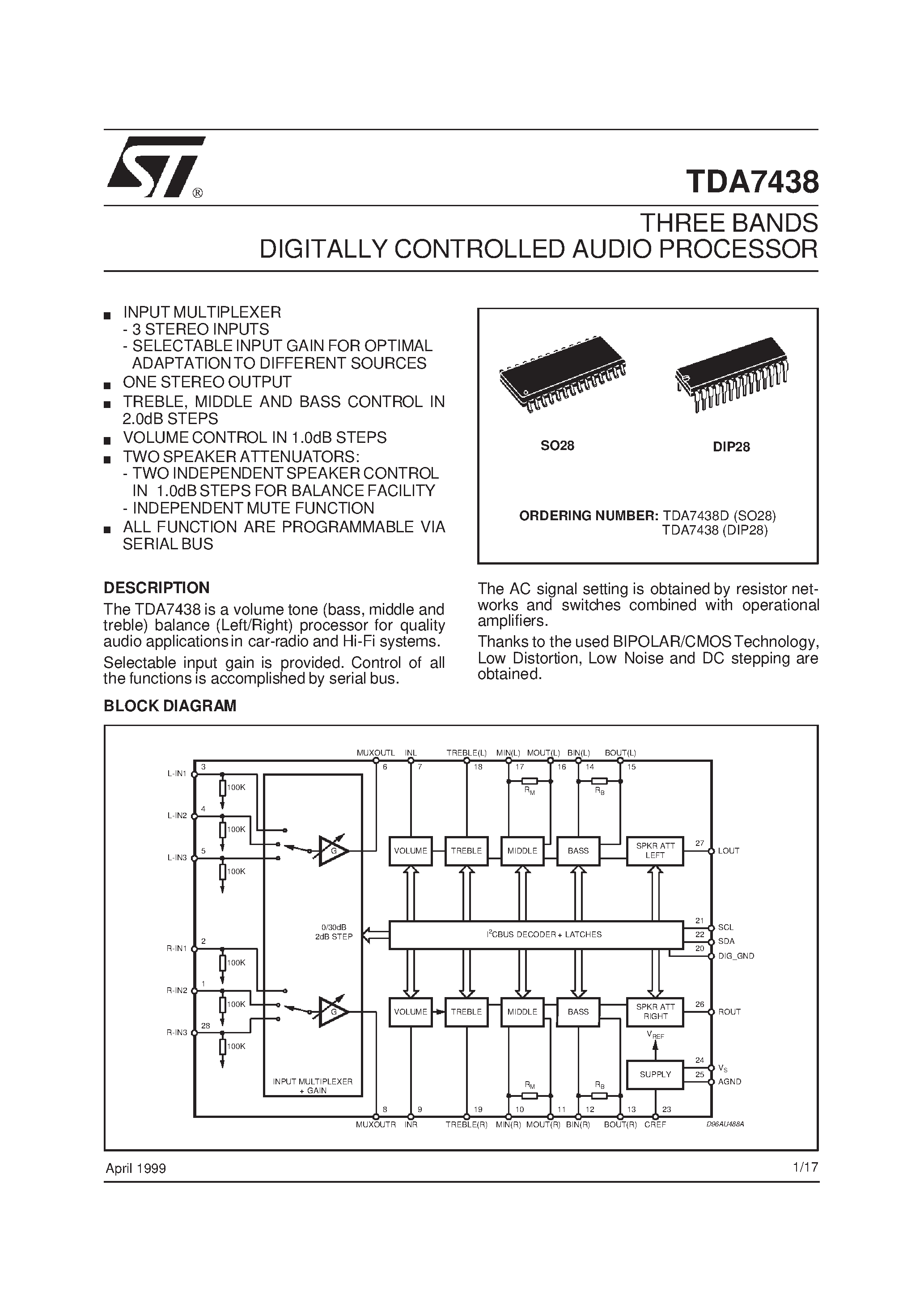 Datasheet TDA7438D - THREE BANDS DIGITALLY CONTROLLED AUDIO PROCESSOR page 1