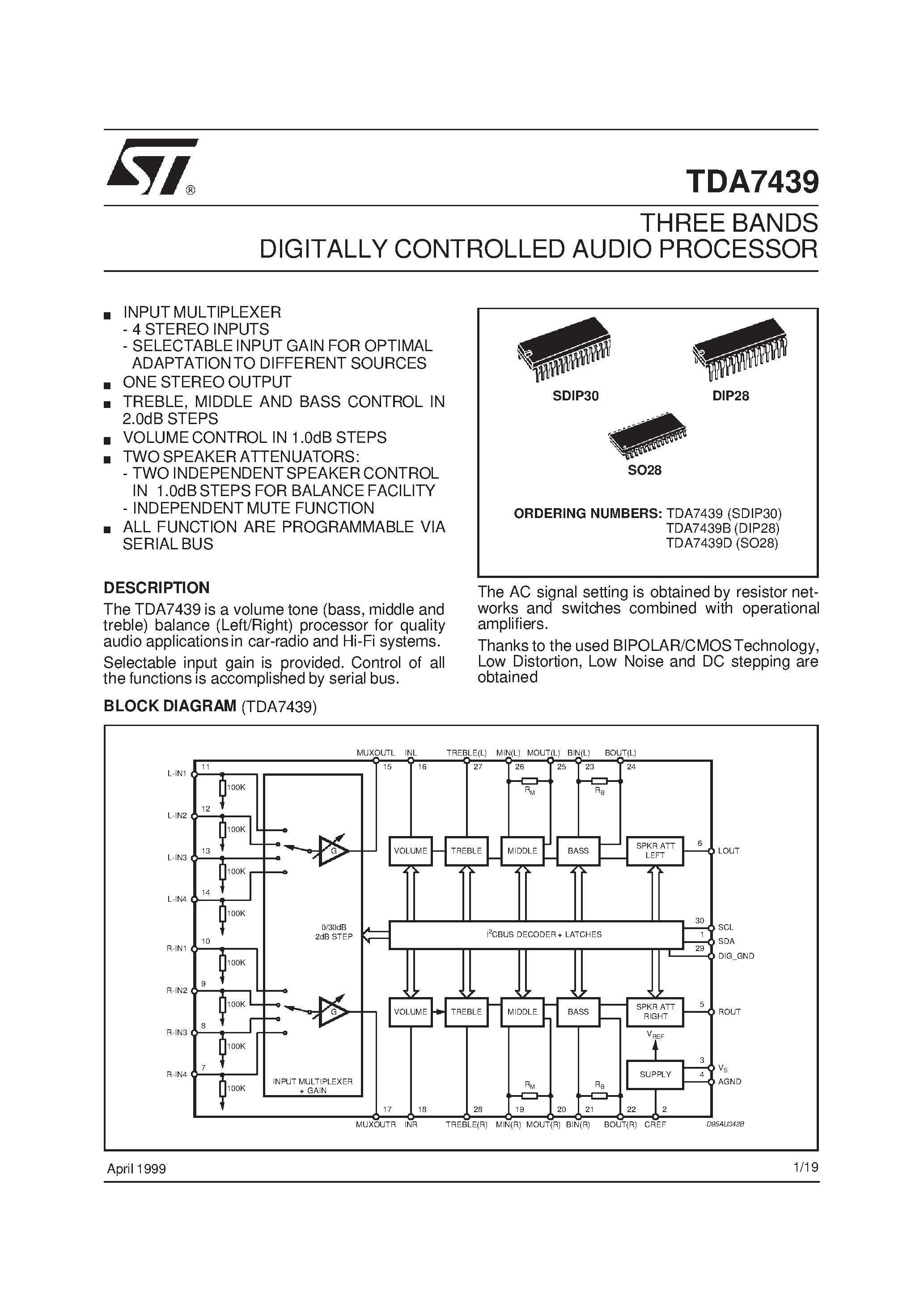 Datasheet TDA7439D - THREE BANDS DIGITALLY CONTROLLED AUDIO PROCESSOR page 1