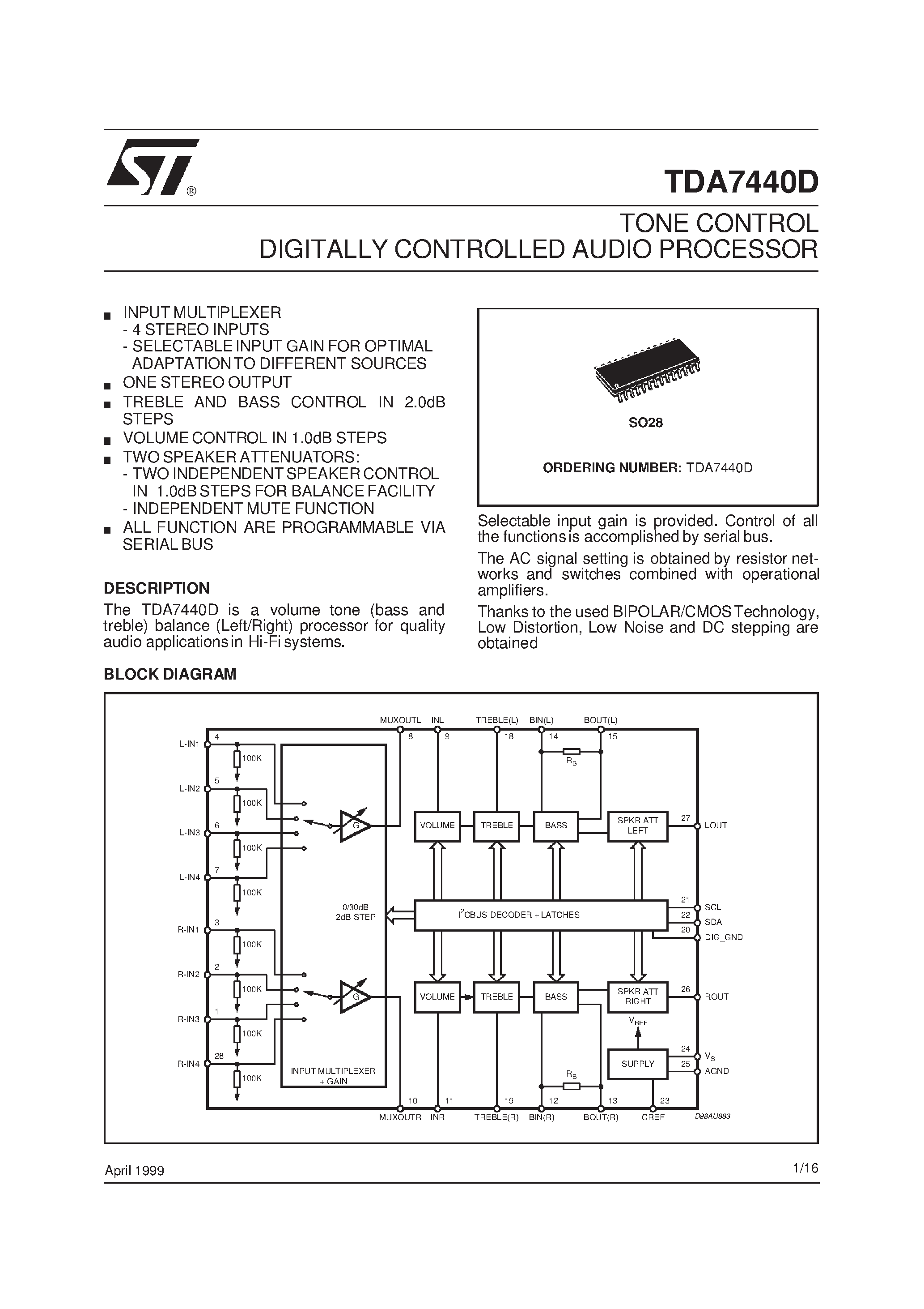 Datasheet TDA7440 - TONE CONTROL DIGITALLY CONTROLLED AUDIO PROCESSOR page 1
