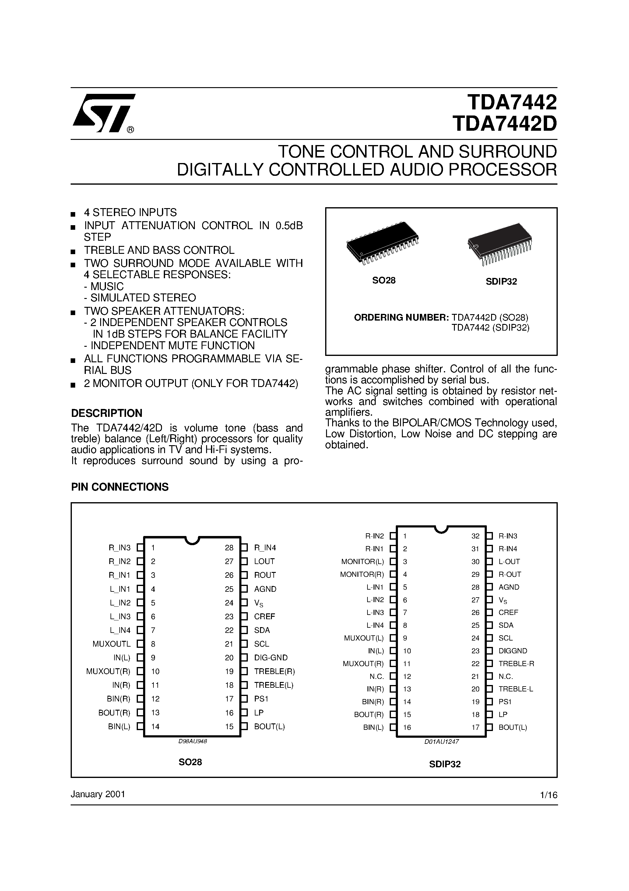 Datasheet TDA7442D - TONE CONTROL AND SURROUND DIGITALLY CONTROLLED AUDIO PROCESSOR page 1