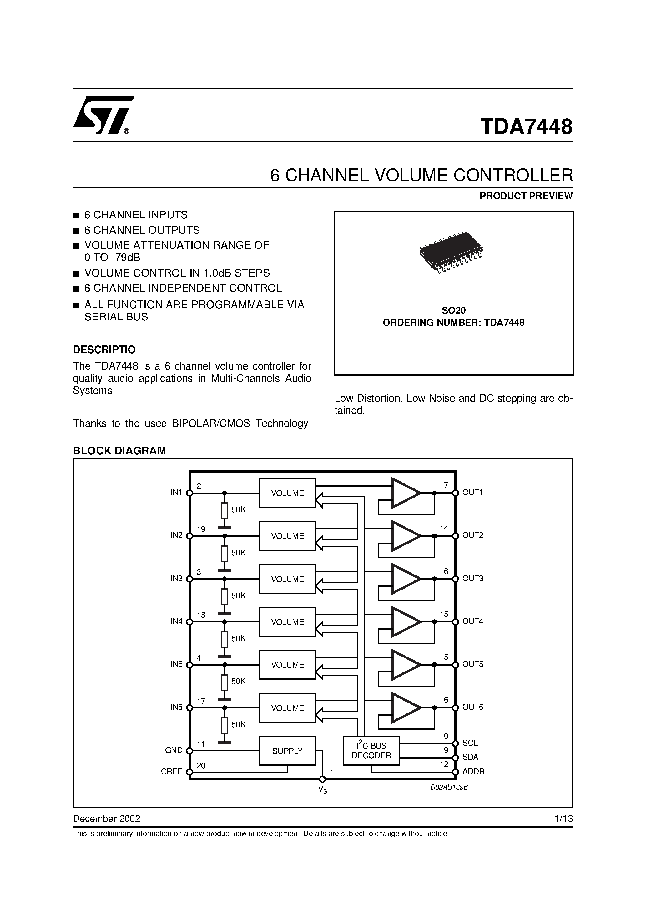 Datasheet TDA7448 - 6 CHANNEL VOLUME CONTROLLER page 1