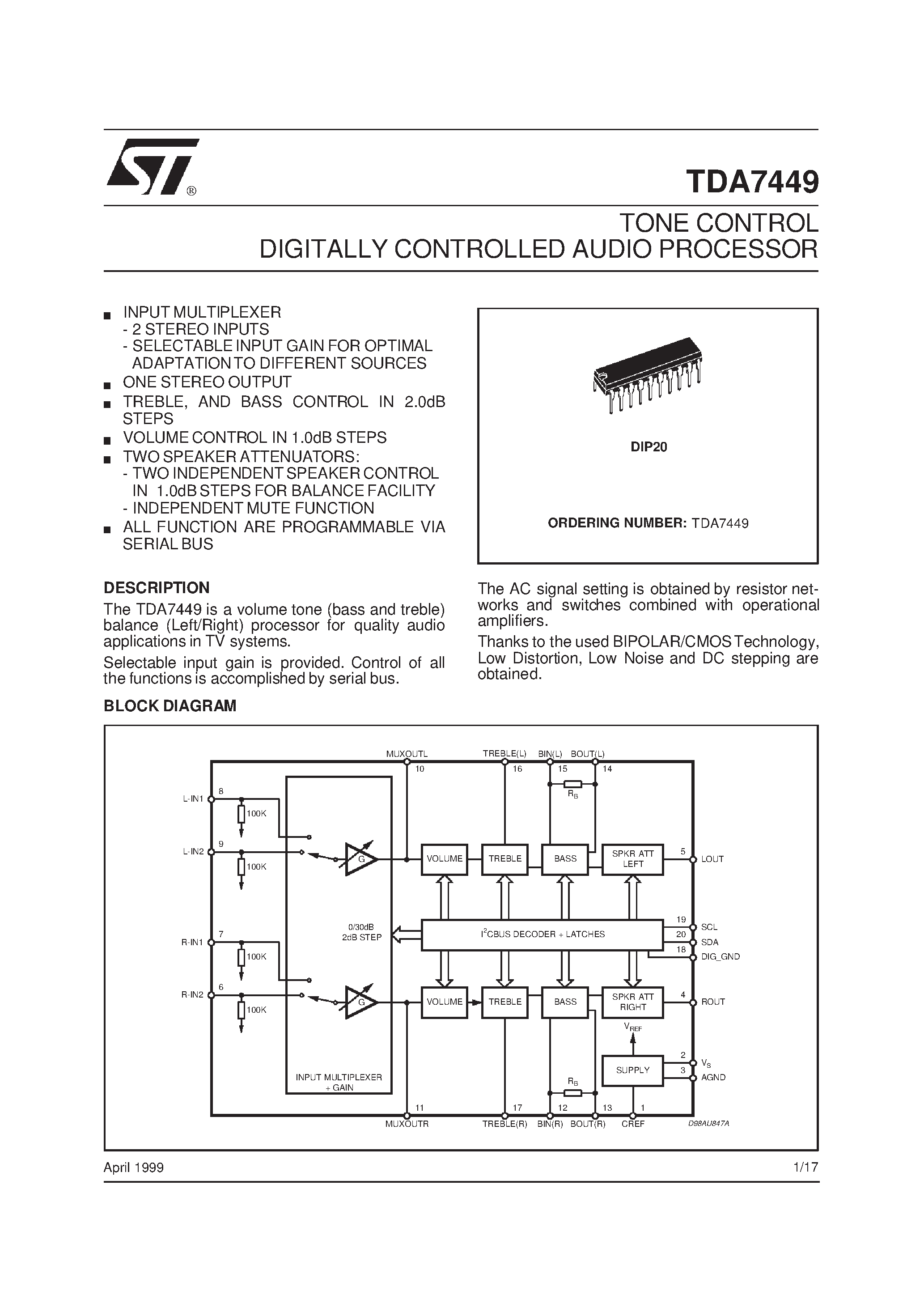 Даташит на микросхему TDA7449 страница 1 Даташит TDA7449 - TONE CONTROL DIGITALLY CONTROLLED AUDIO PROCESSOR страница 1