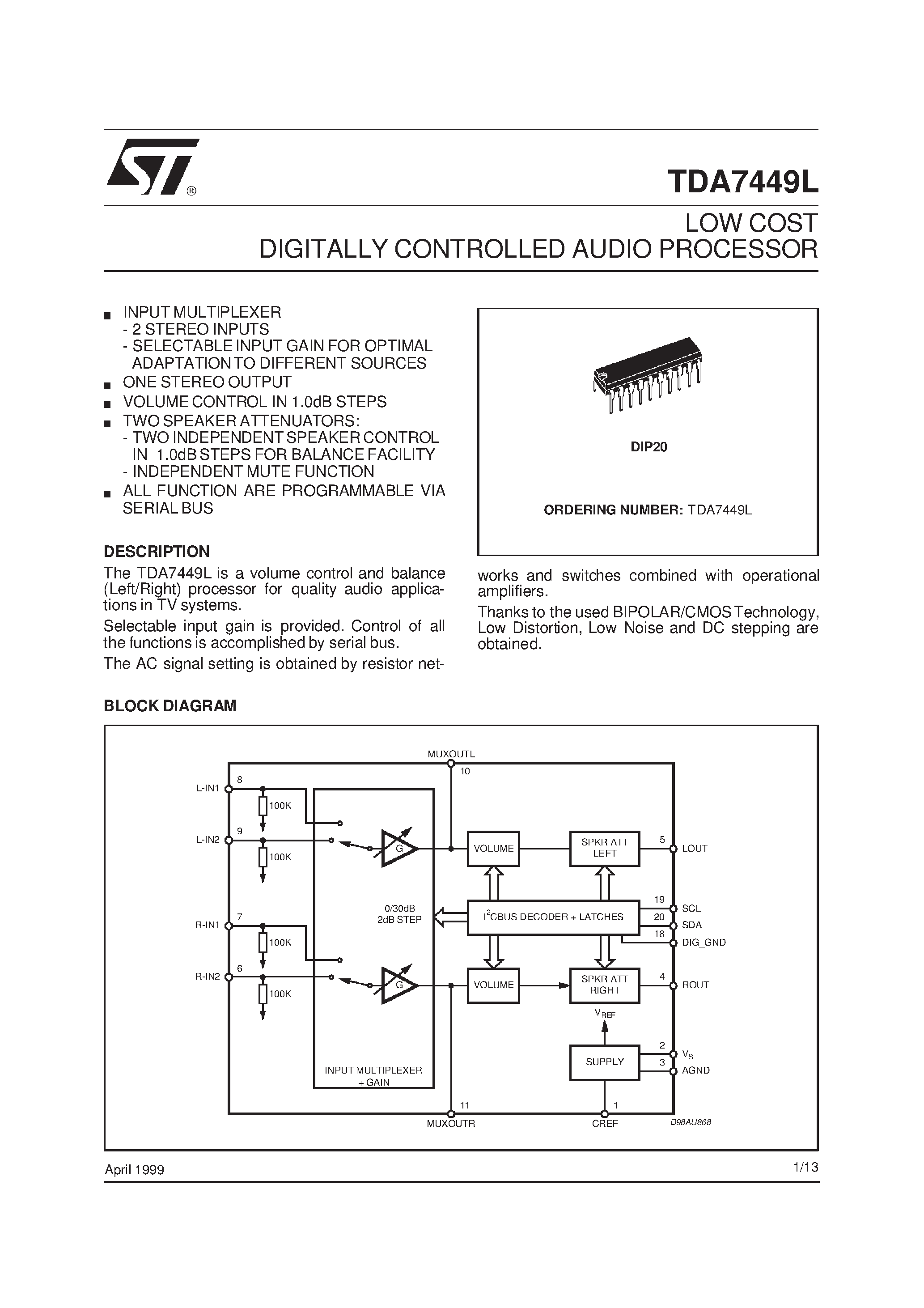 Datasheet TDA7449L - LOW COST DIGITALLY CONTROLLED AUDIO PROCESSOR page 1