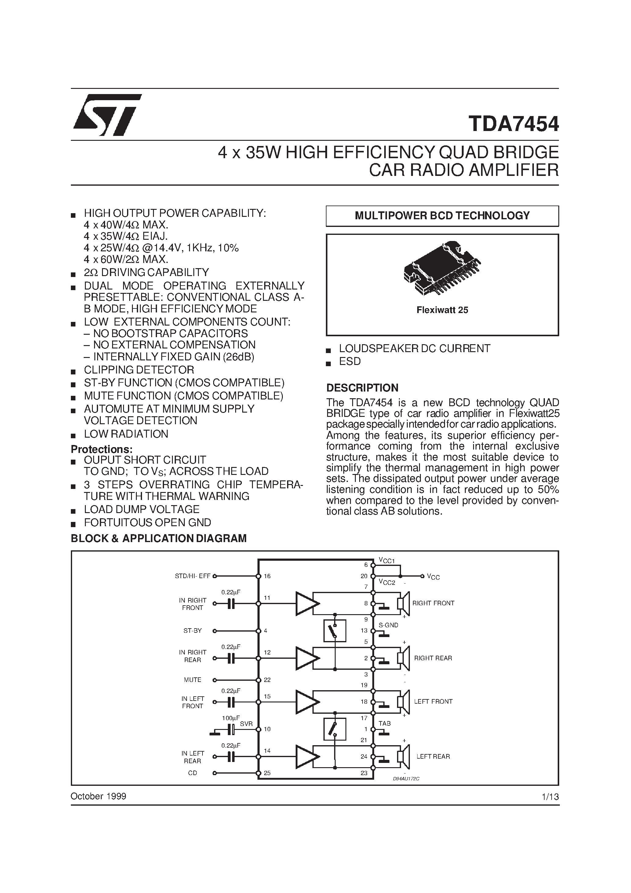 Даташит на микросхему TDA7454 страница 1 Даташит TDA7454 - 4 x 35W HIGH EFFICIENCY QUAD BRIDGE CAR RADIO AMPLIFIER страница 1