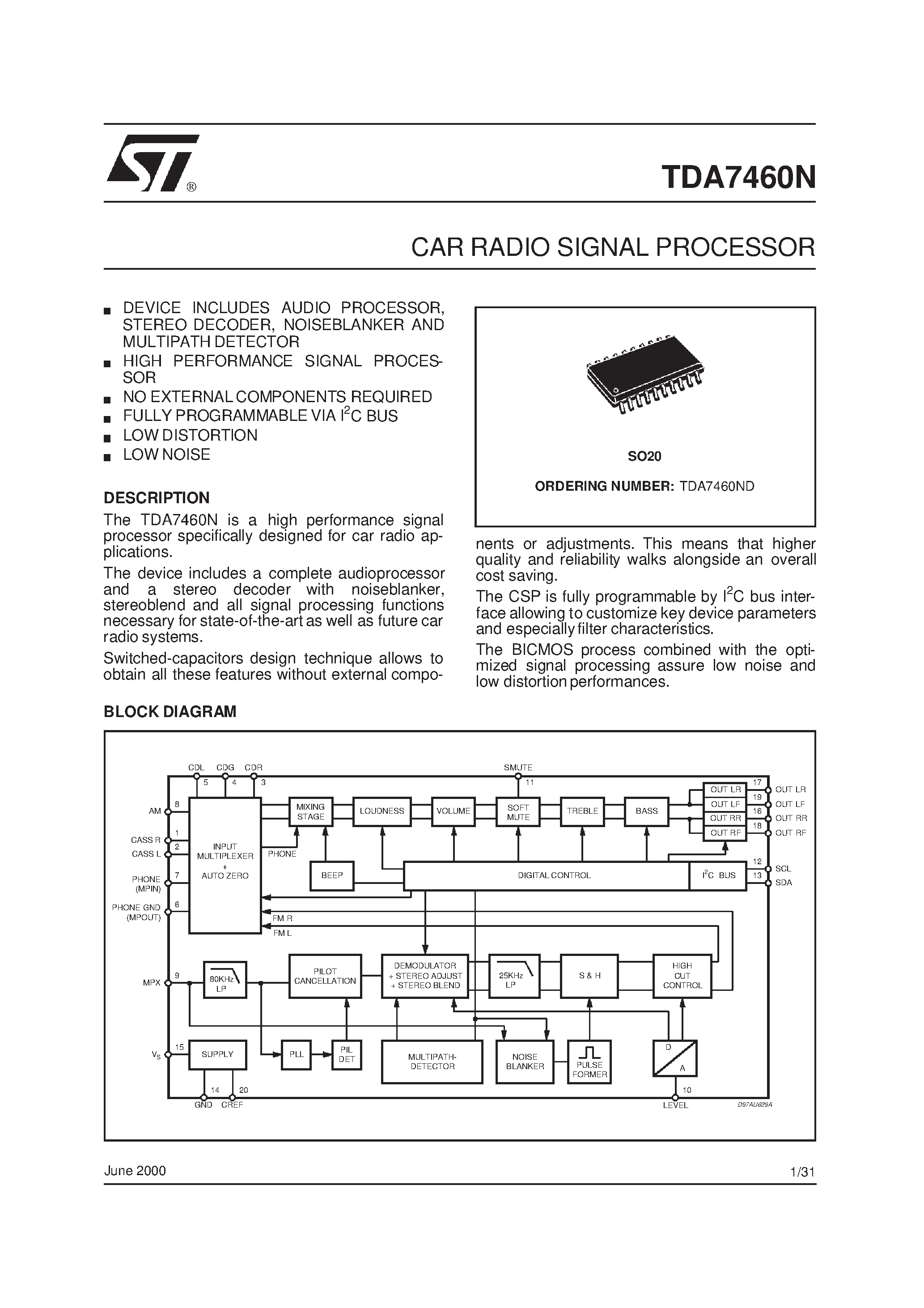 Datasheet TDA7460N page 1 Datasheet TDA7460N - CAR RADIO SIGNAL PROCESSOR page 1