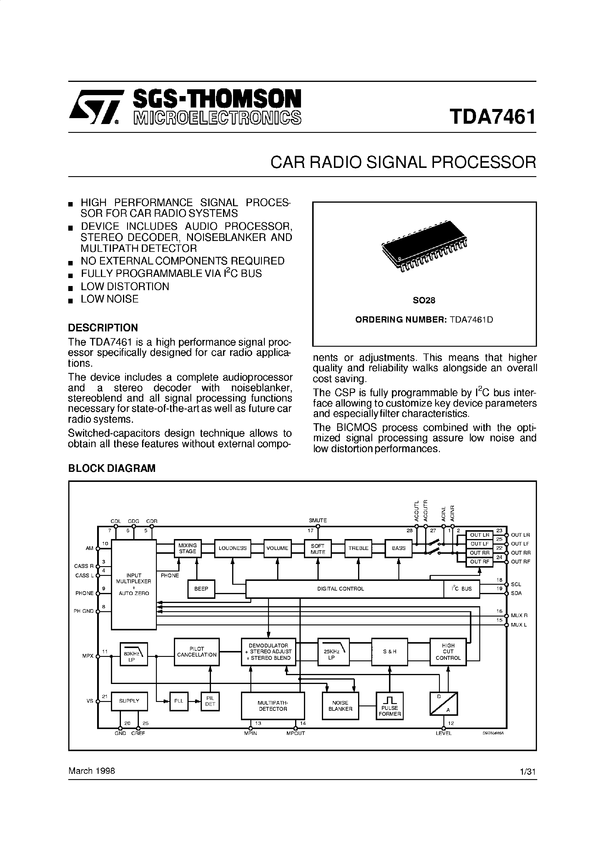 Datasheet TDA7461 - CAR RADIO SIGNAL PROCESSOR page 1