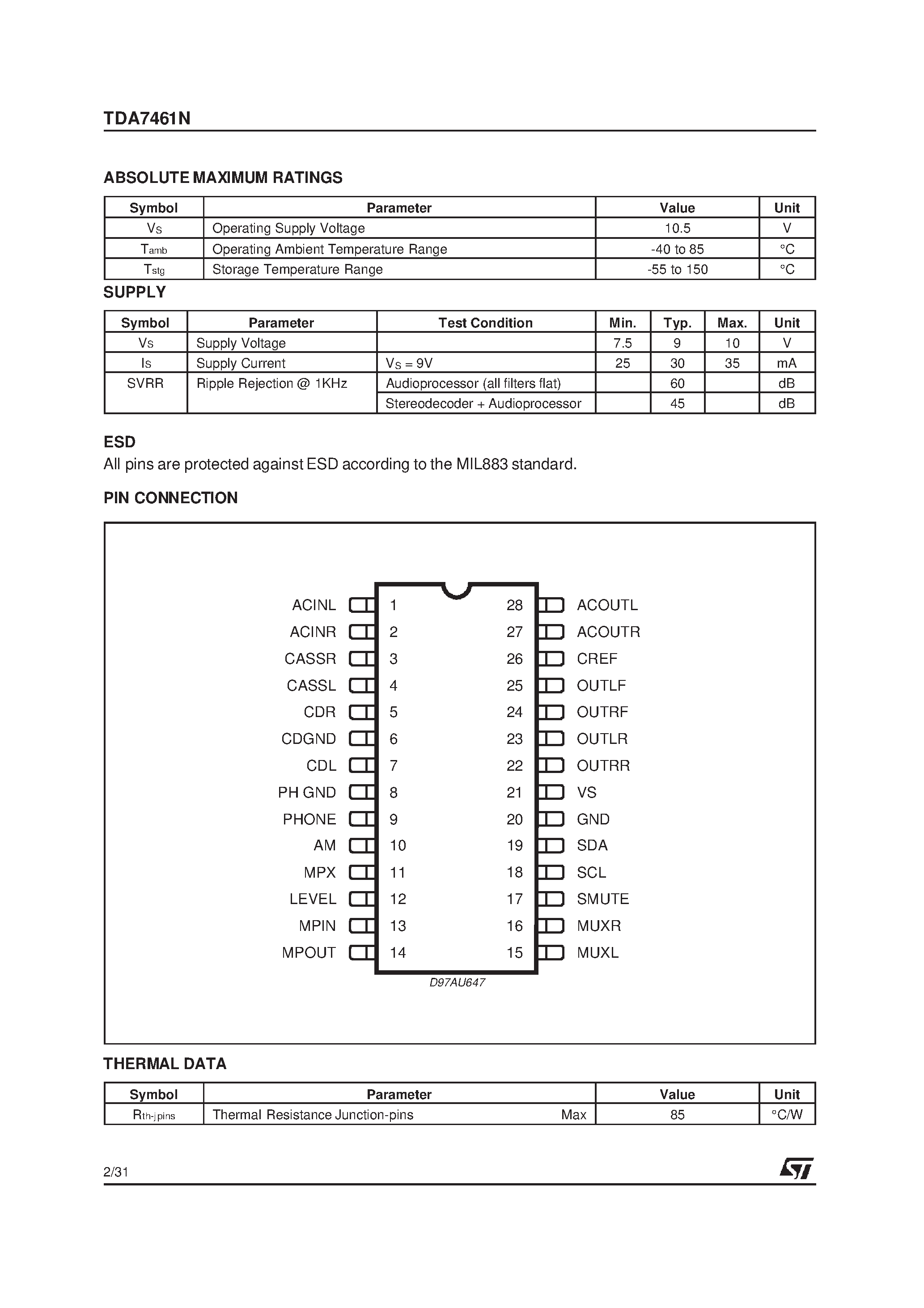 Datasheet TDA7461N - CAR RADIO SIGNAL PROCESSOR page 2