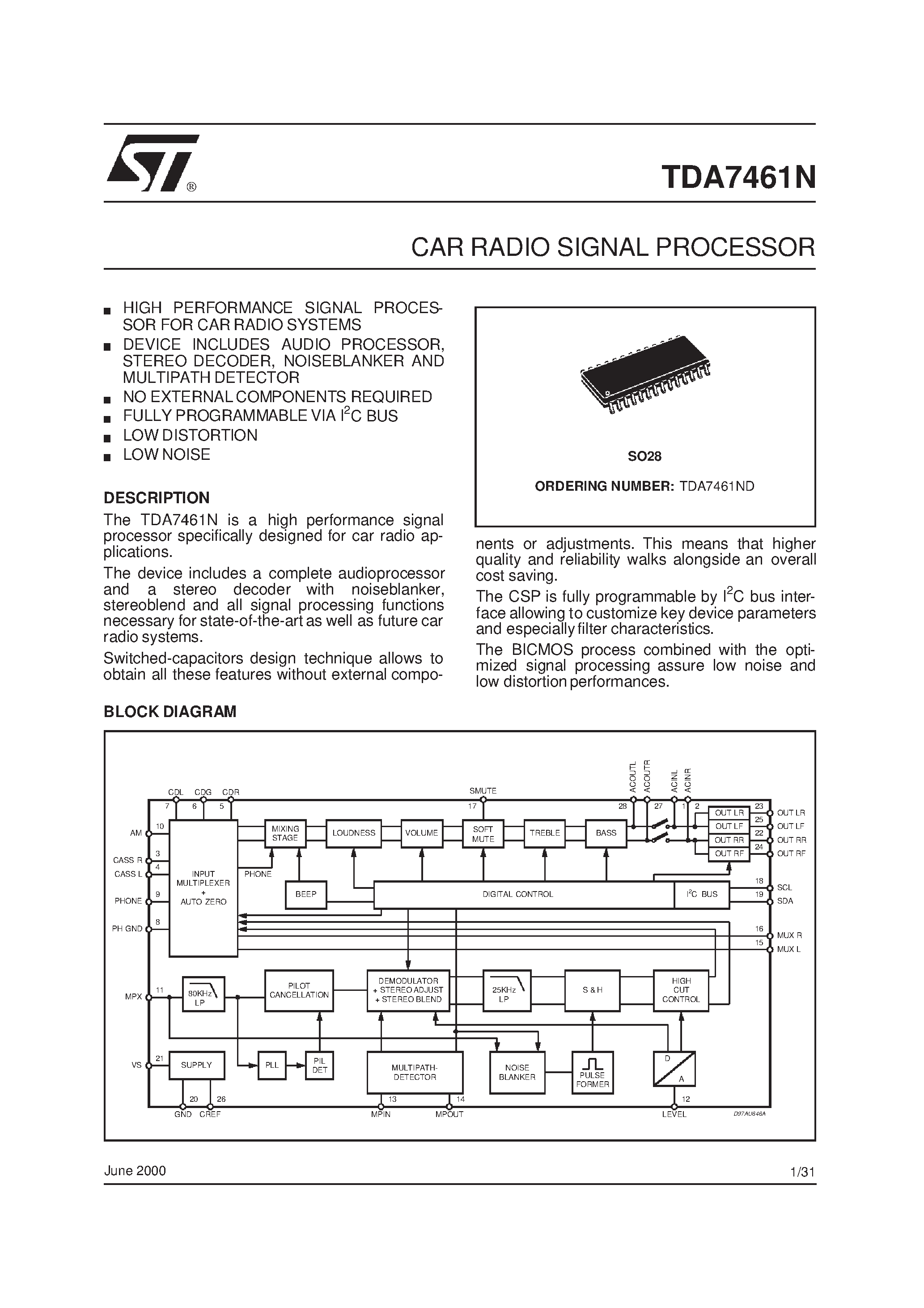 Datasheet TDA7461ND - CAR RADIO SIGNAL PROCESSOR page 1