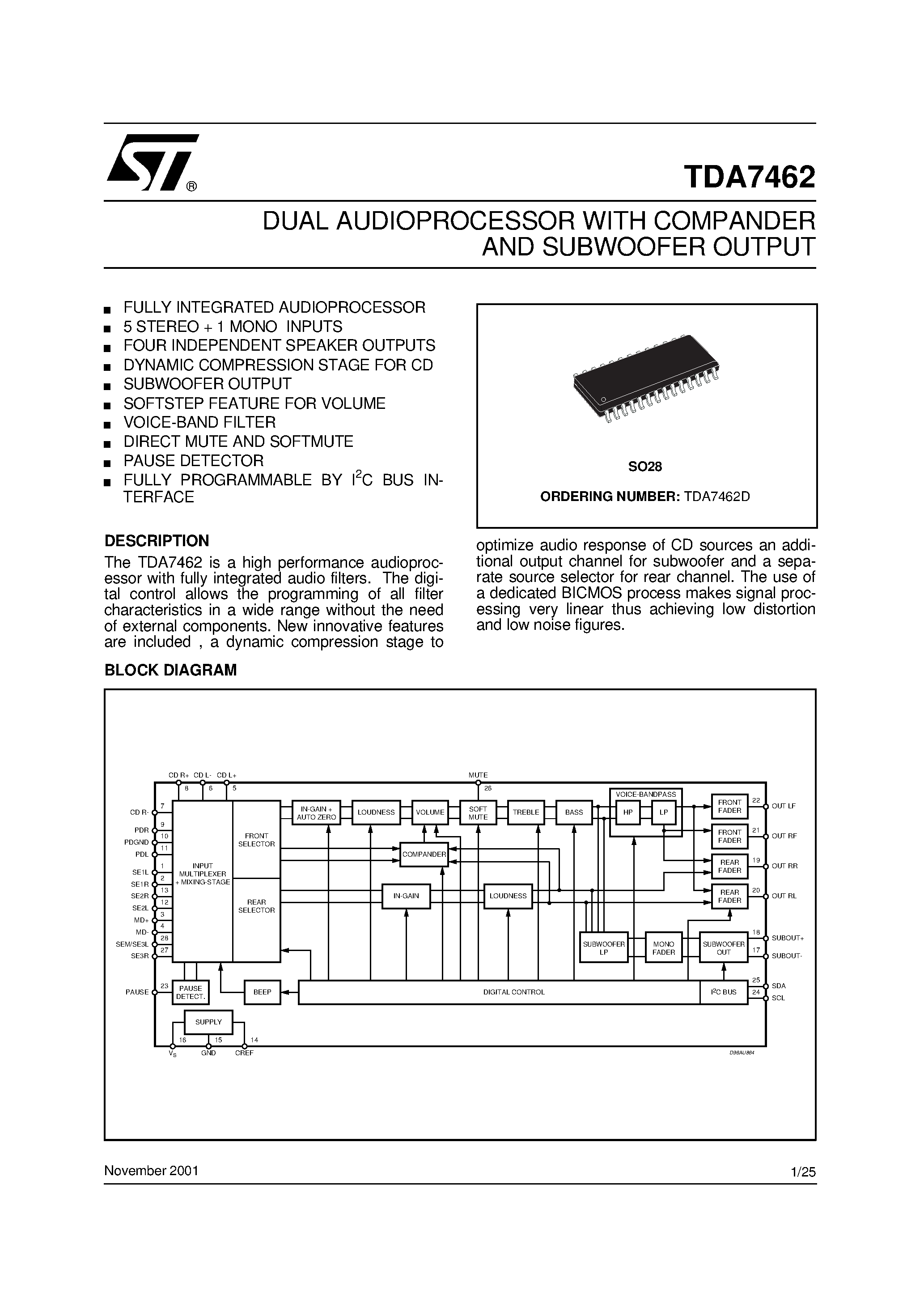 Datasheet TDA7462 - DUAL AUDIOPROCESSOR WITH COMPANDER AND SUBWOOFER OUTPUT page 1