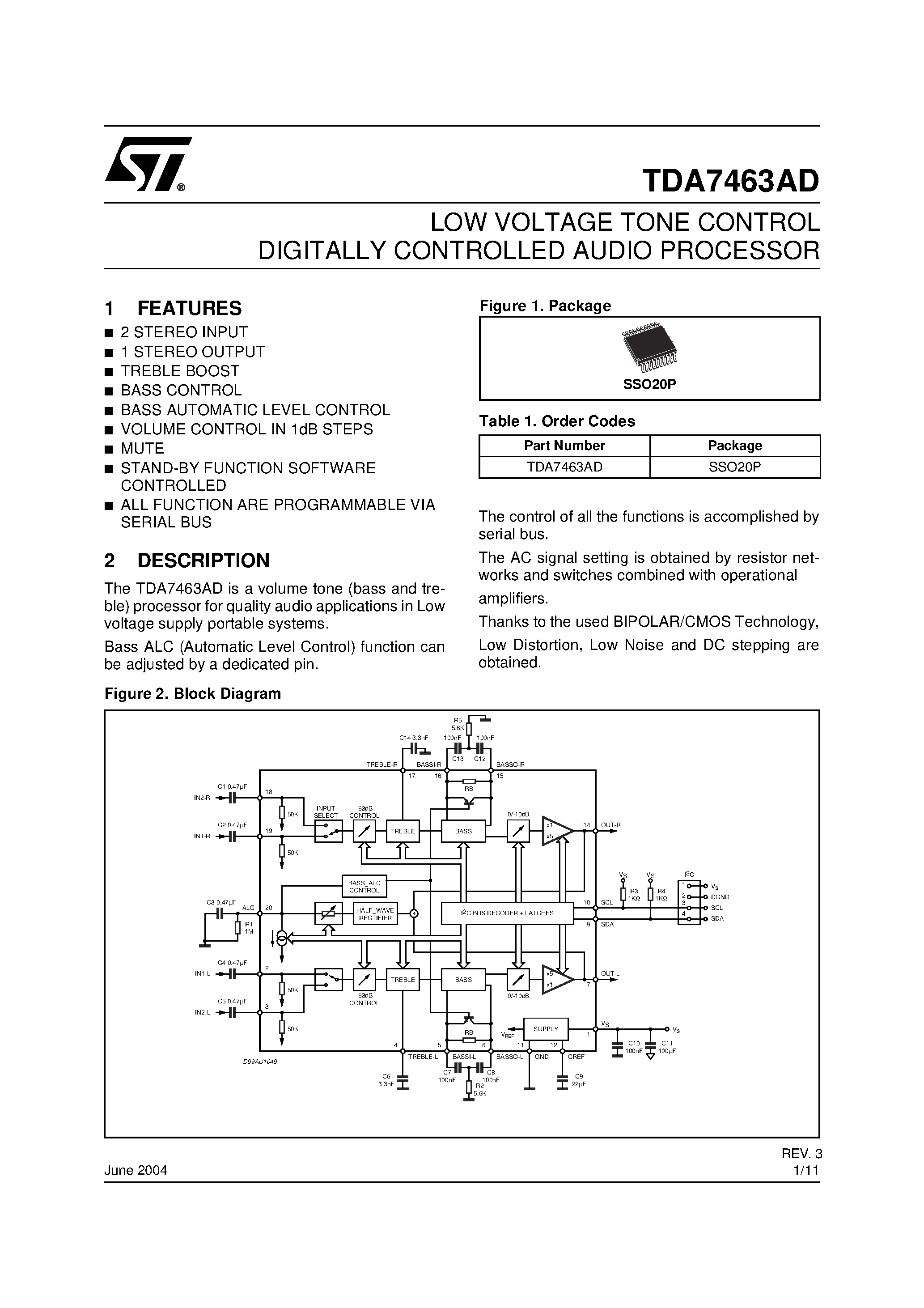 Datasheet TDA7463A - LOW VOLTAGE TONE CONTROL DIGITALLY CONTROLLED AUDIO PROCESSOR page 1