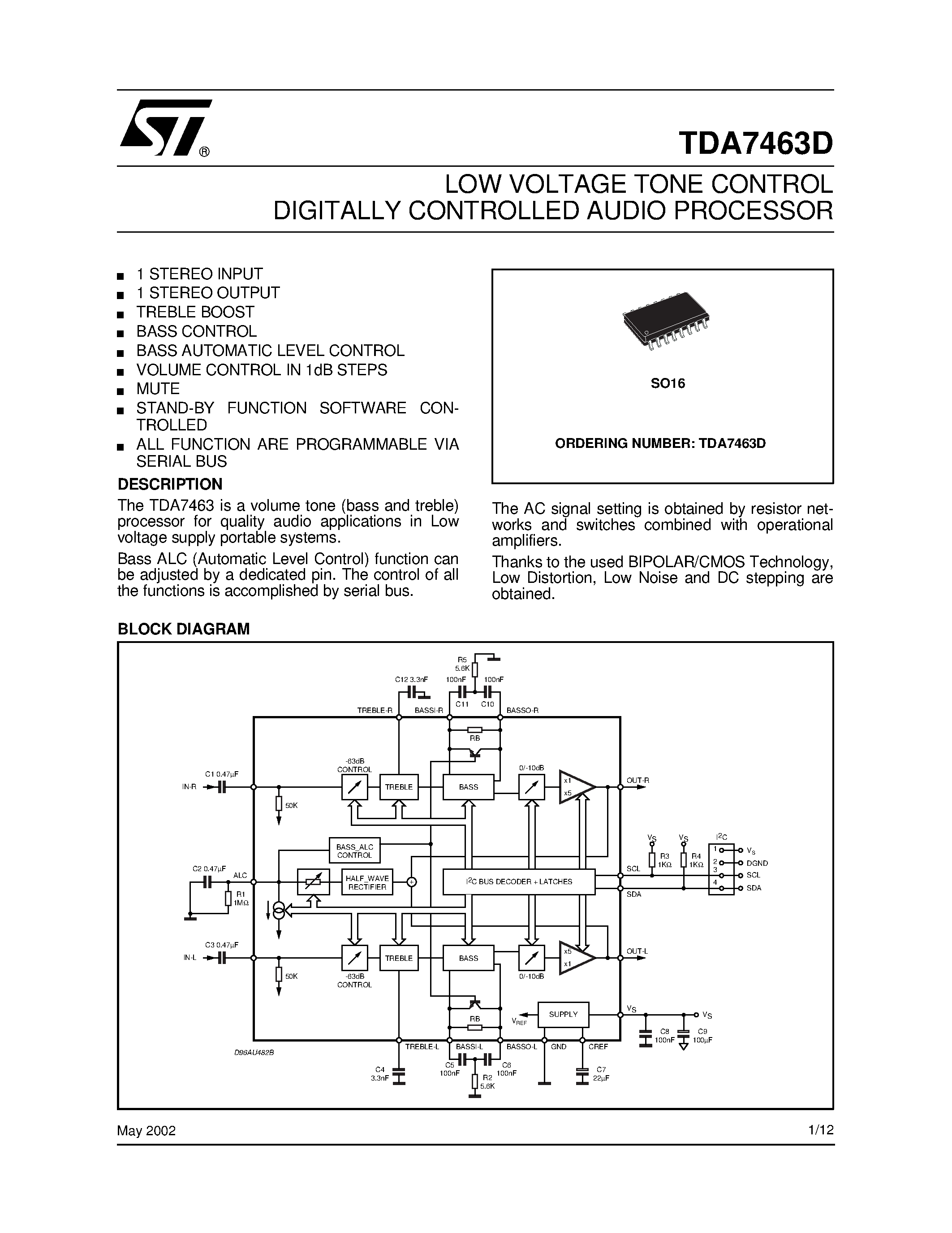 Datasheet TDA7463D - LOW VOLTAGE TONE CONTROL DIGITALLY CONTROLLED AUDIO PROCESSOR page 1