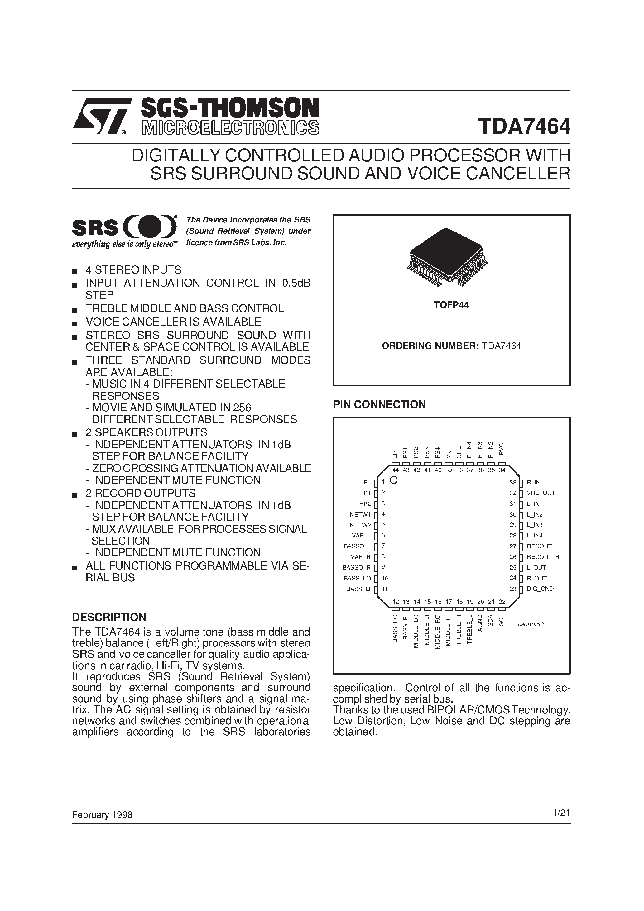 Datasheet TDA7464 - DIGITALLY CONTROLLED AUDIO PROCESSOR WITH SRS SURROUND SOUND AND VOICE CANCELLER page 1