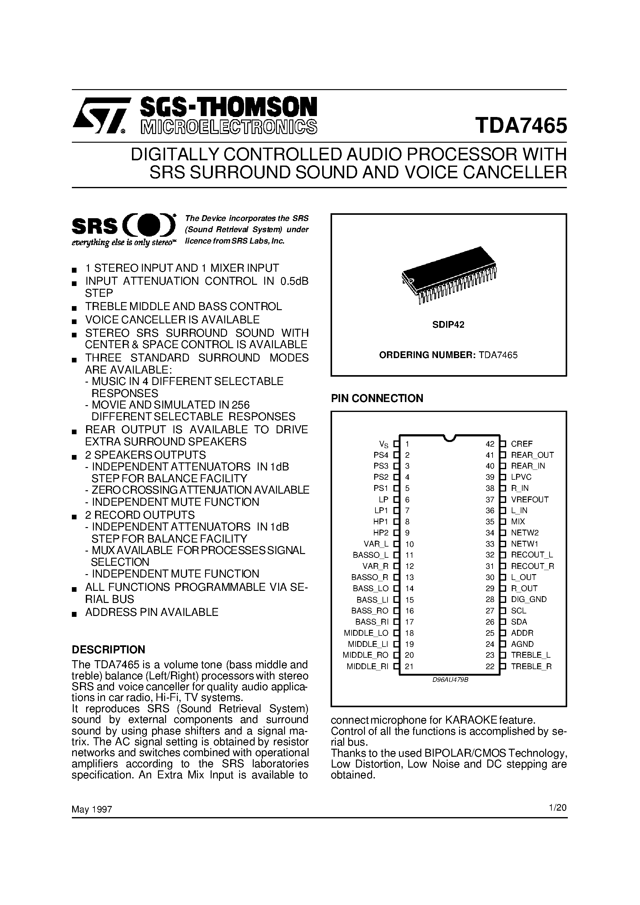 Datasheet TDA7465 - DIGITALLY CONTROLLED AUDIO PROCESSOR WITH SRS SURROUND SOUND AND VOICE CANCELLER page 1