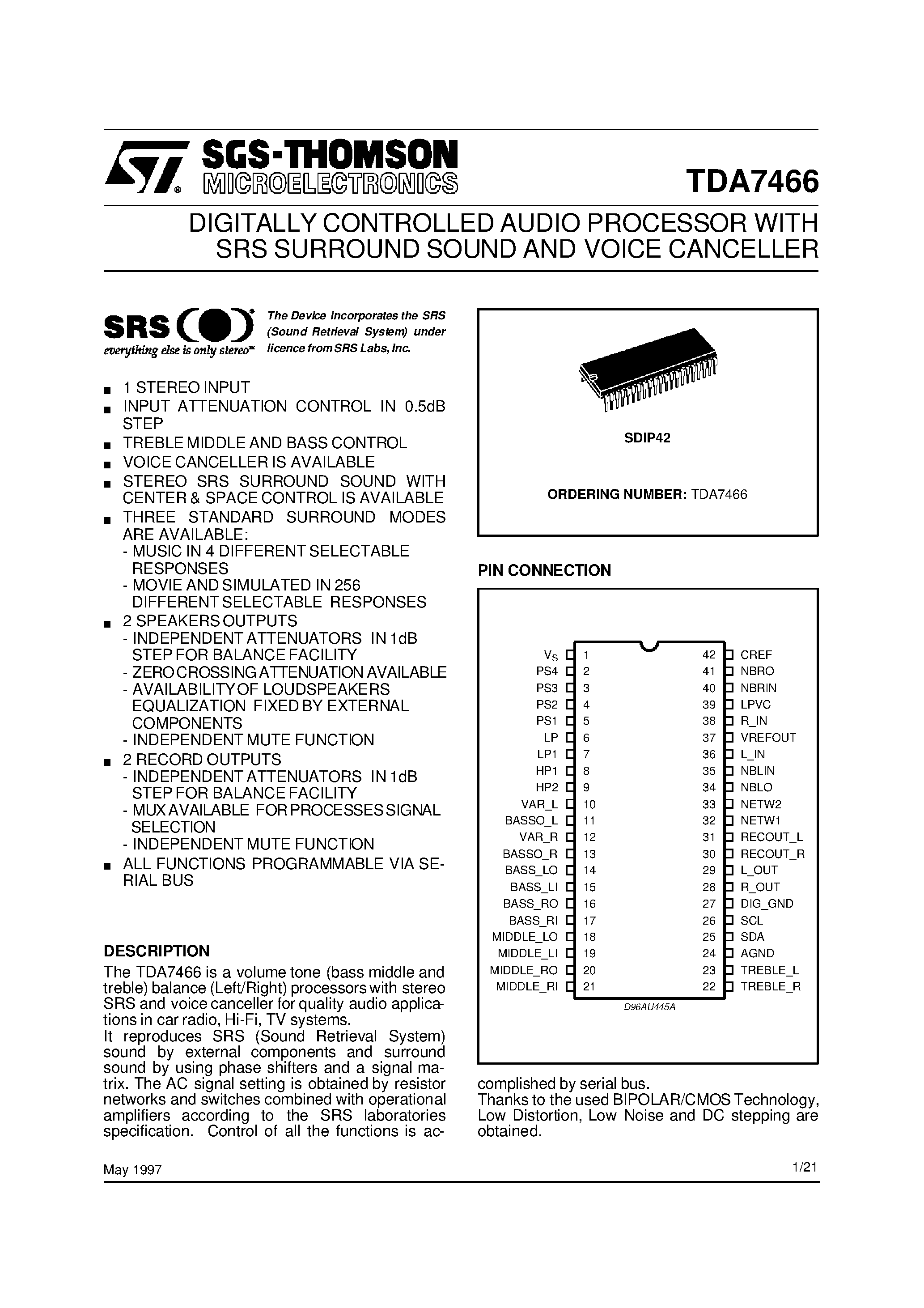 Datasheet TDA7466 - DIGITALLY CONTROLLED AUDIO PROCESSOR WITH SRS SURROUND SOUND AND VOICE CANCELLER page 1