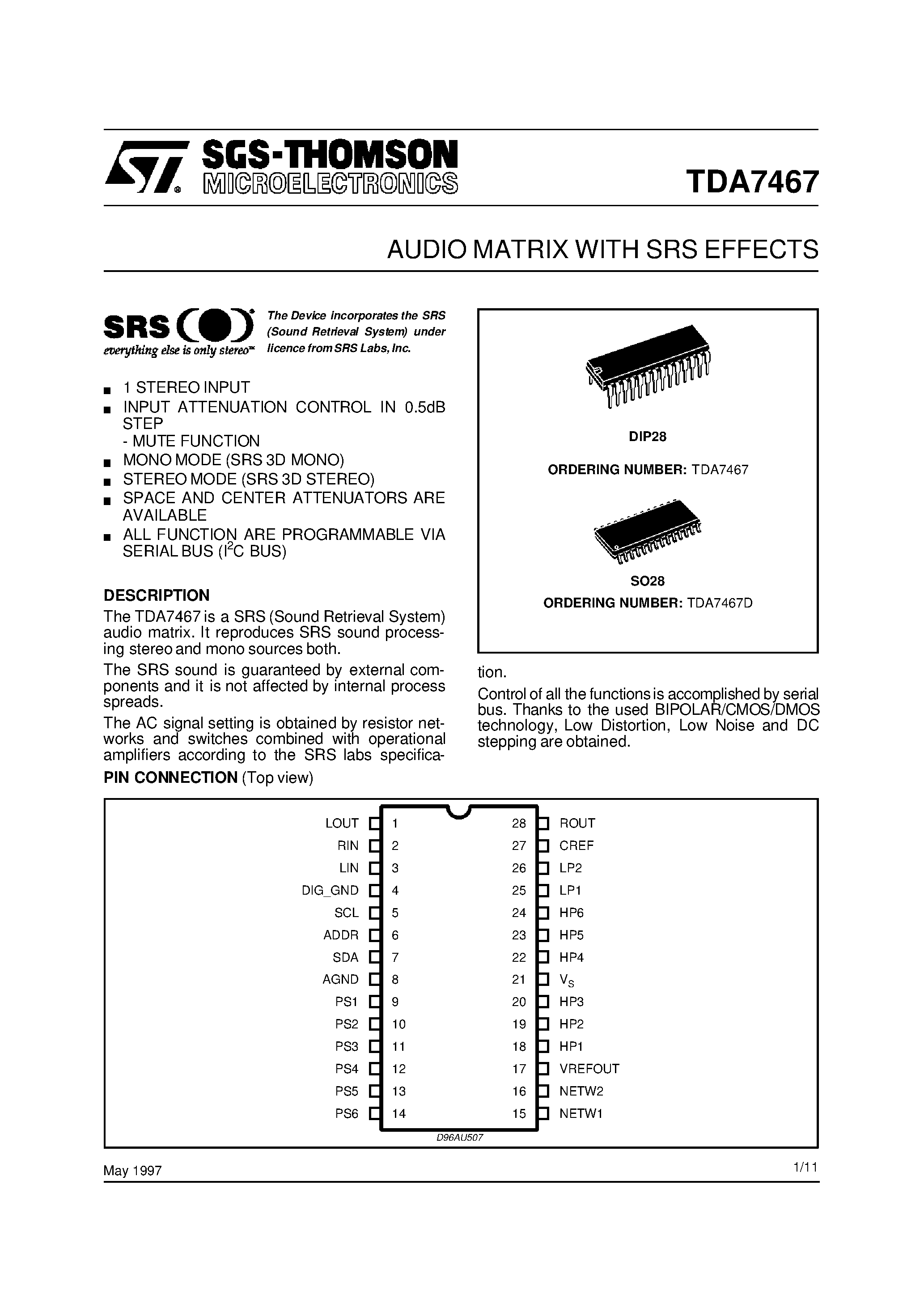Datasheet TDA7467D - AUDIO MATRIX WITH SRS EFFECTS page 1
