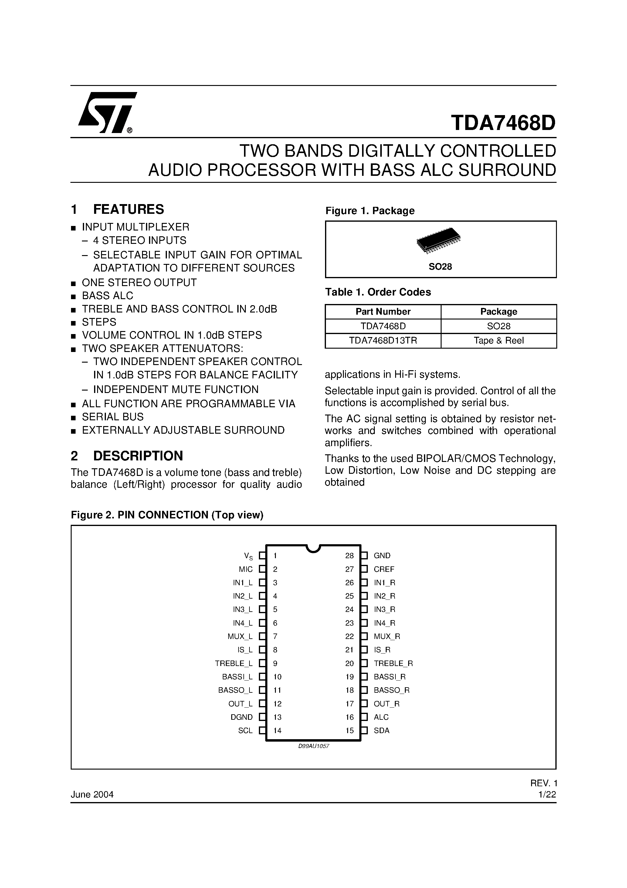 Datasheet TDA7468D - TWO BANDS DIGITALLY CONTROLLED AUDIO PROCESSOR WITH BASS ALC SURROUND page 1