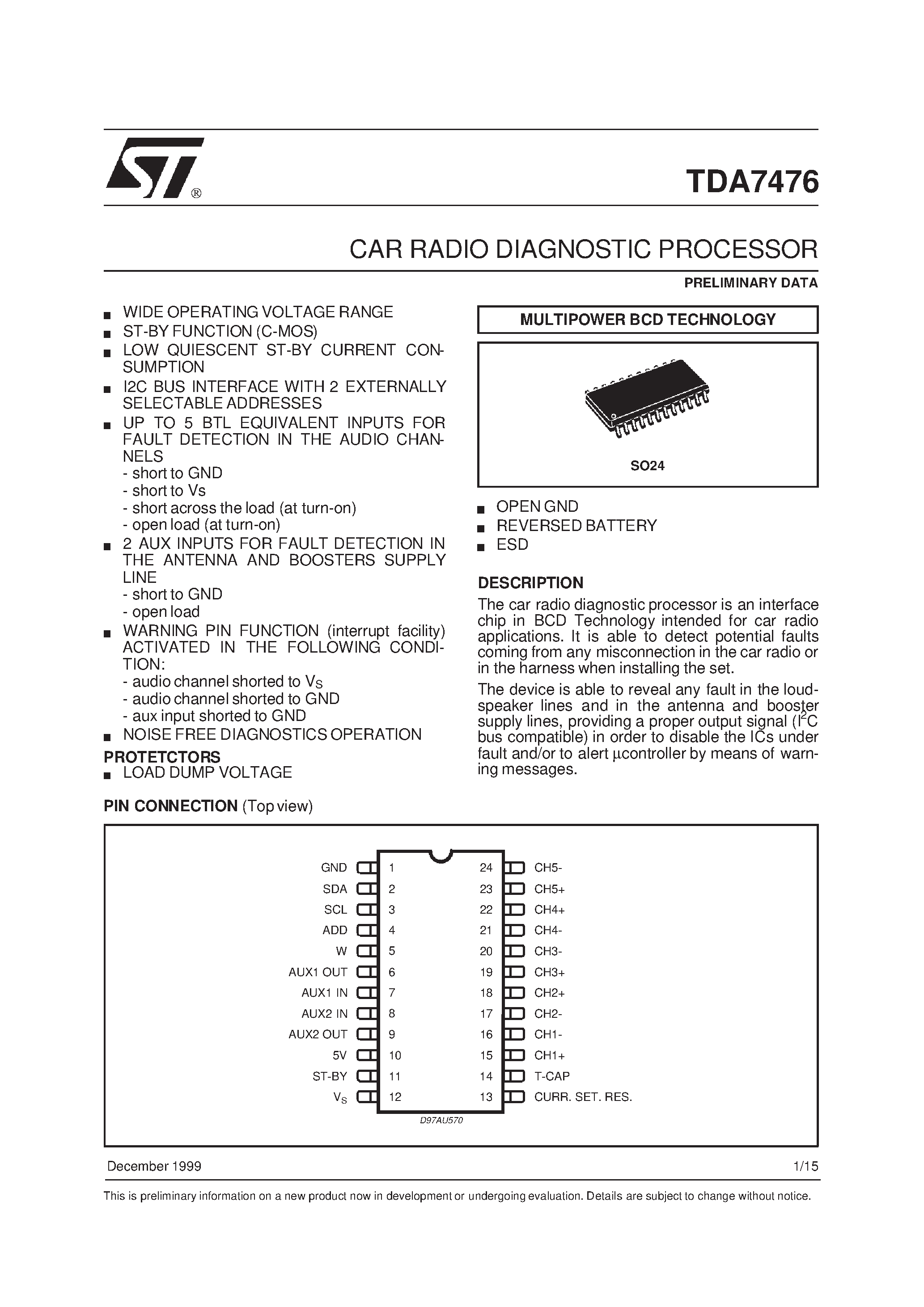 Datasheet TDA7476 page 1 Datasheet TDA7476 - CAR RADIO DIAGNOSTIC PROCESSOR page 1