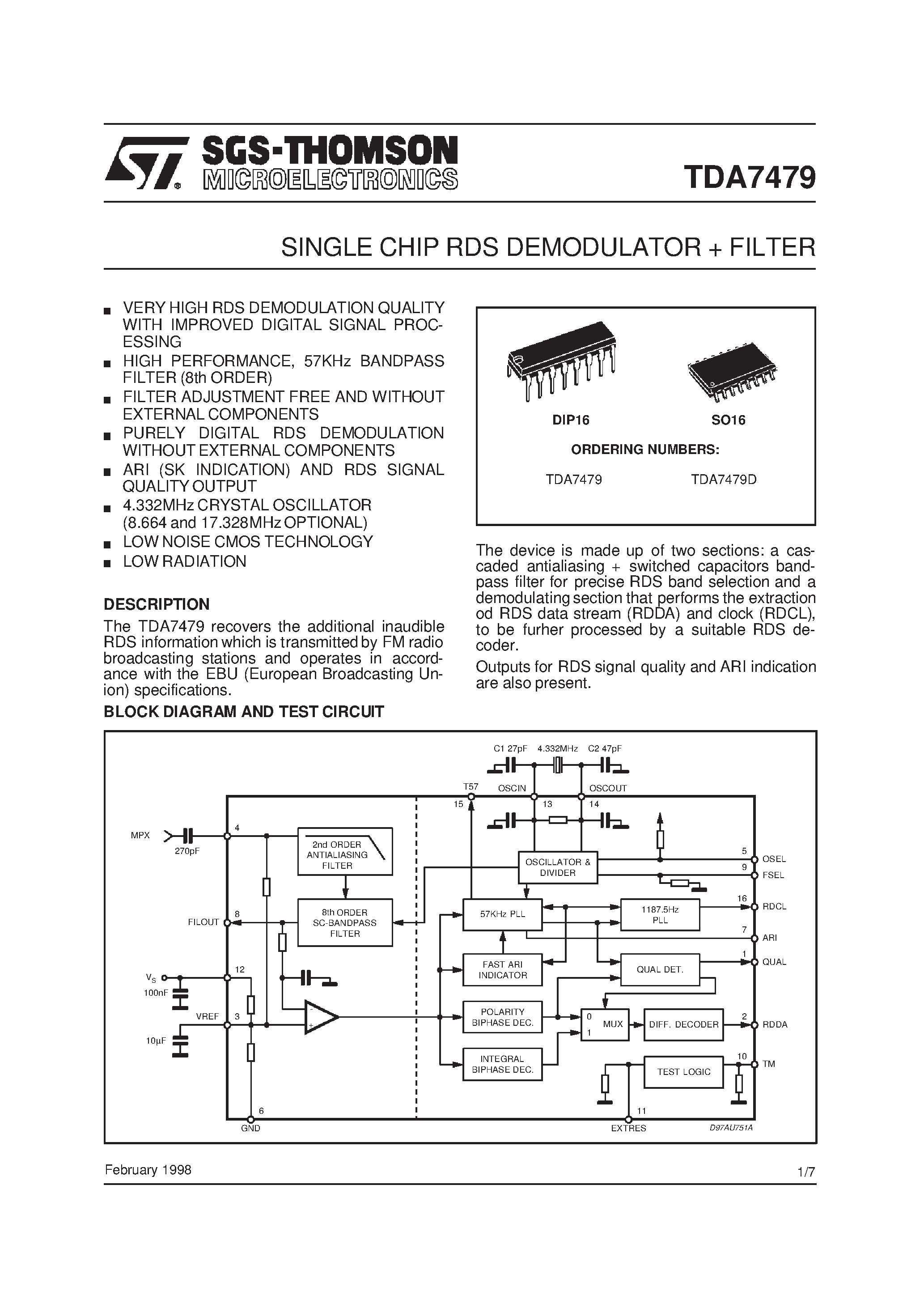 Datasheet TDA7479D - SINGLE CHIP RDS DEMODULATOR FILTER page 1