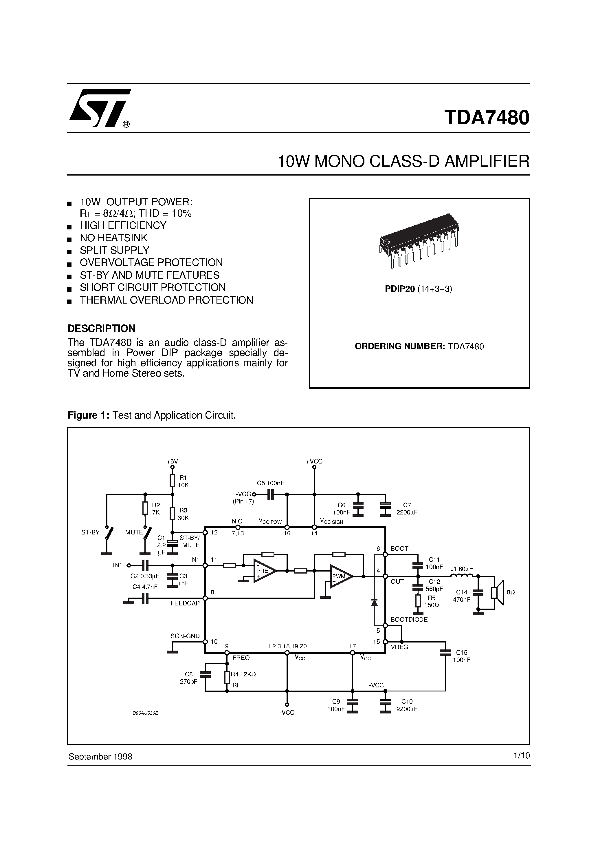 Datasheet TDA7480 - 10W MONO CLASS-D AMPLIFIER page 1