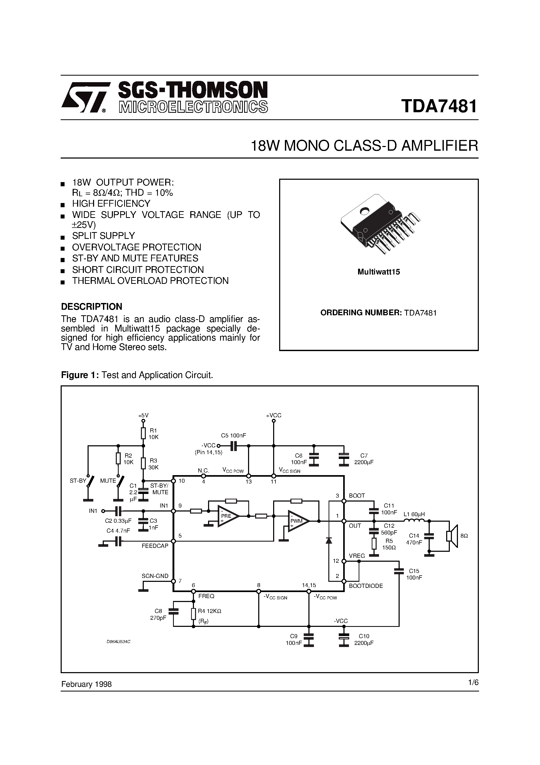 Datasheet TDA7481 - 10W MONO CLASS-D AMPLIFIER page 1