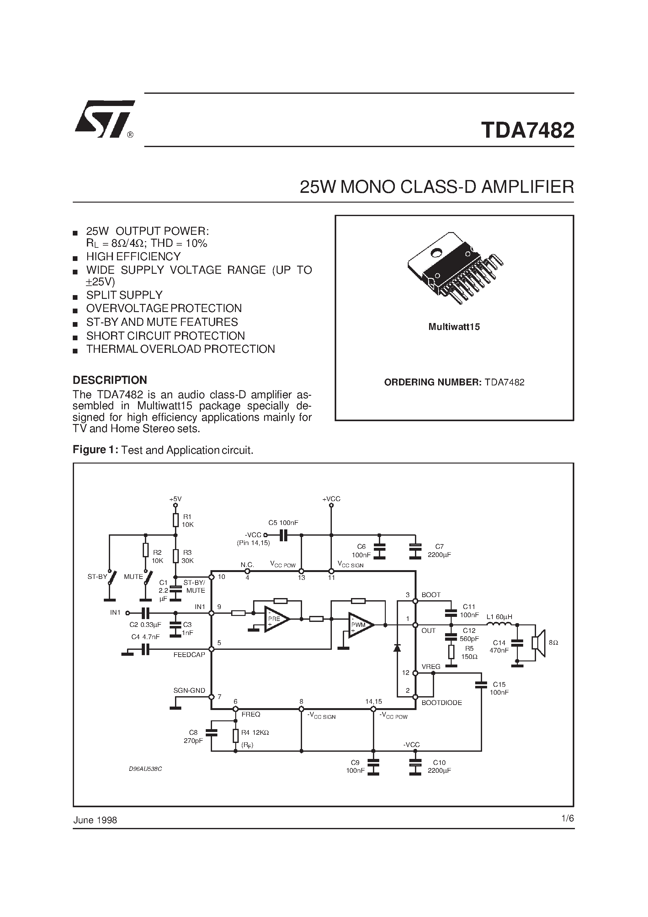 Datasheet TDA7482 - 25W MONO CLASS-D AMPLIFIER page 1