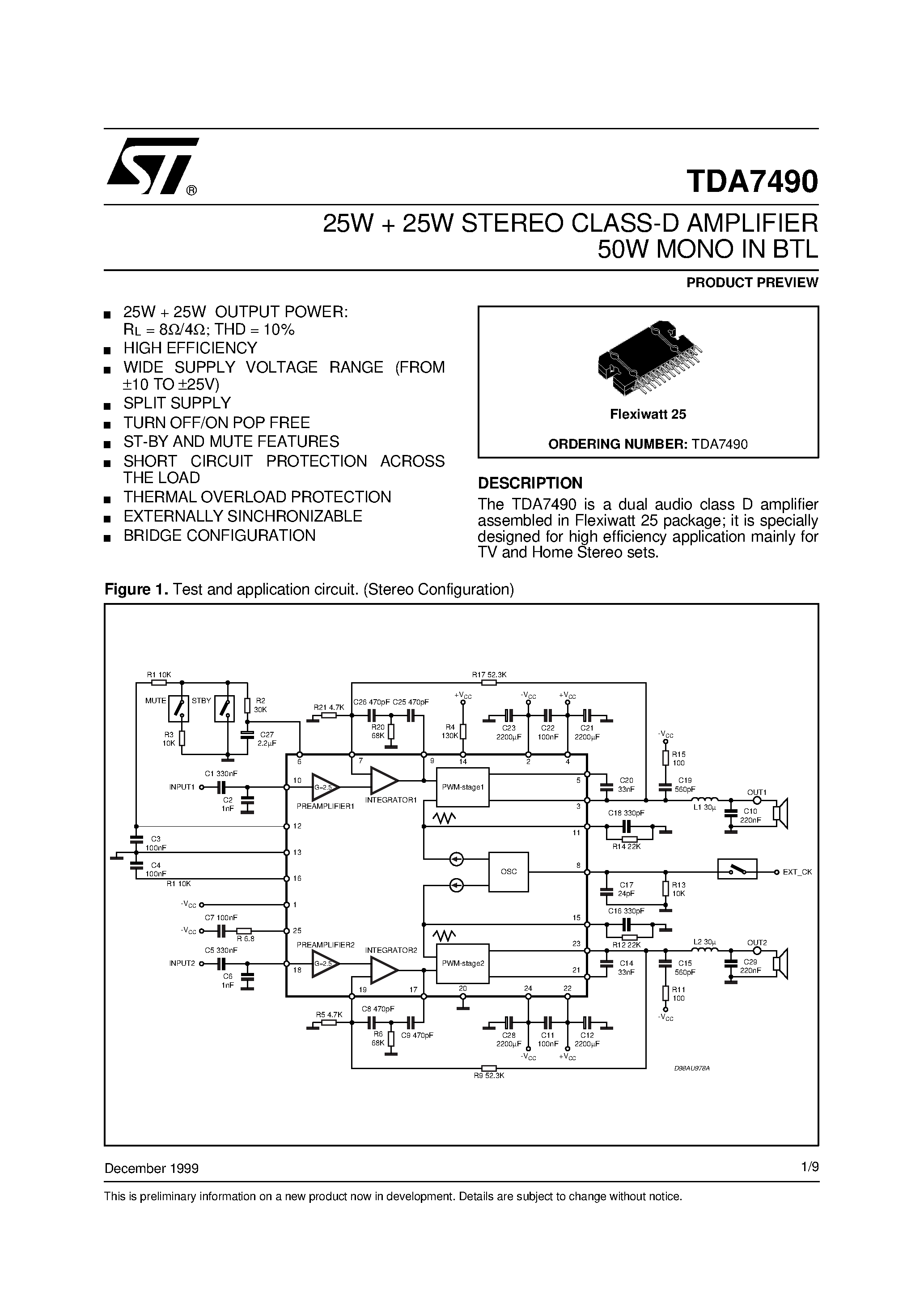Datasheet TDA7490 - 25W 25W STEREO CLASS-D AMPLIFIER 50W MONO IN BTL page 1