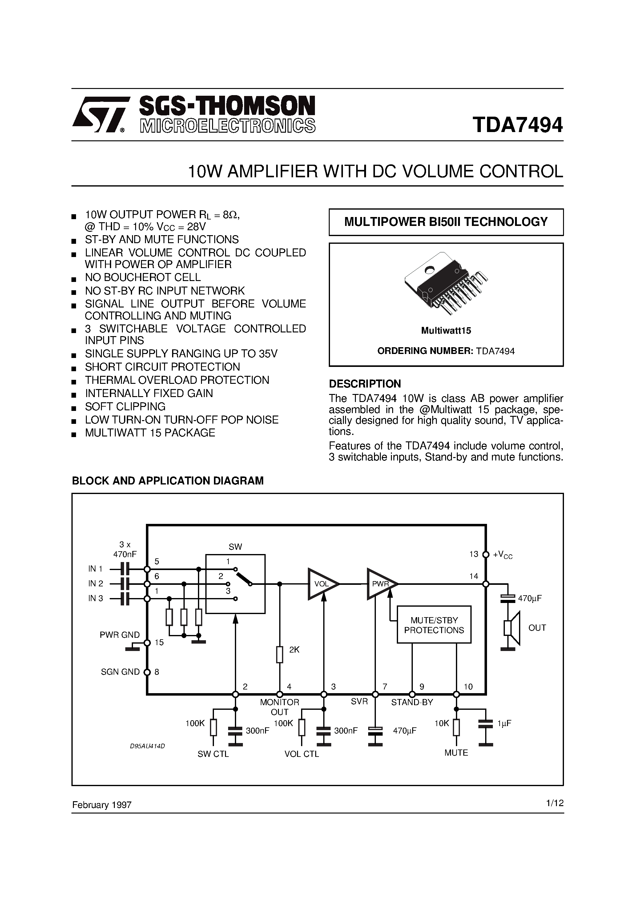 Datasheet TDA7494 - 10W AMPLIFIER WITH DC VOLUME CONTROL page 1