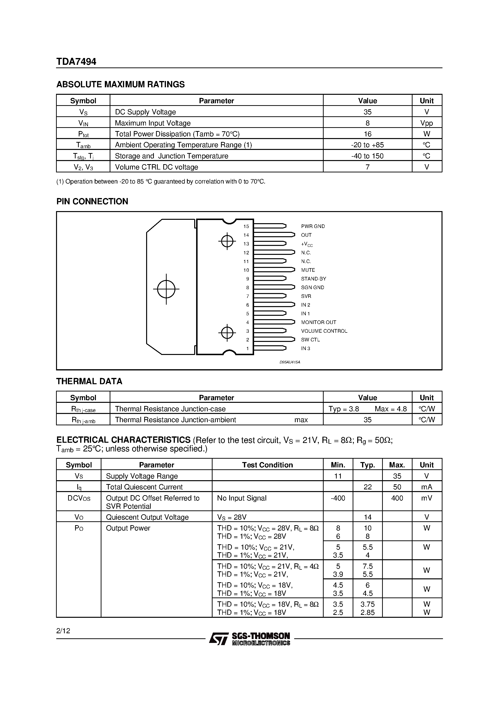 Datasheet TDA7494 - 10W AMPLIFIER WITH DC VOLUME CONTROL page 2