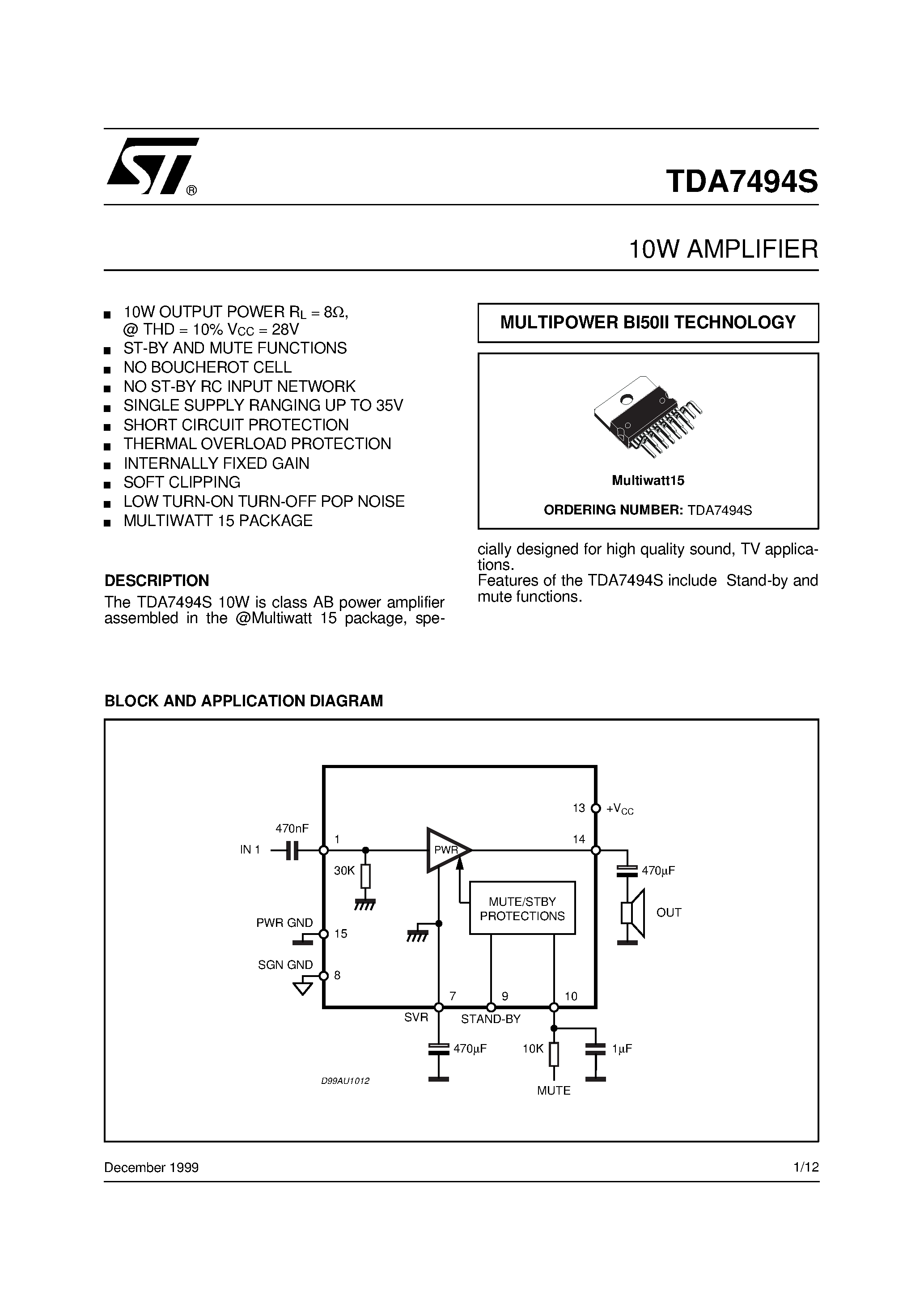 Datasheet TDA7494S - 10W AMPLIFIER page 1
