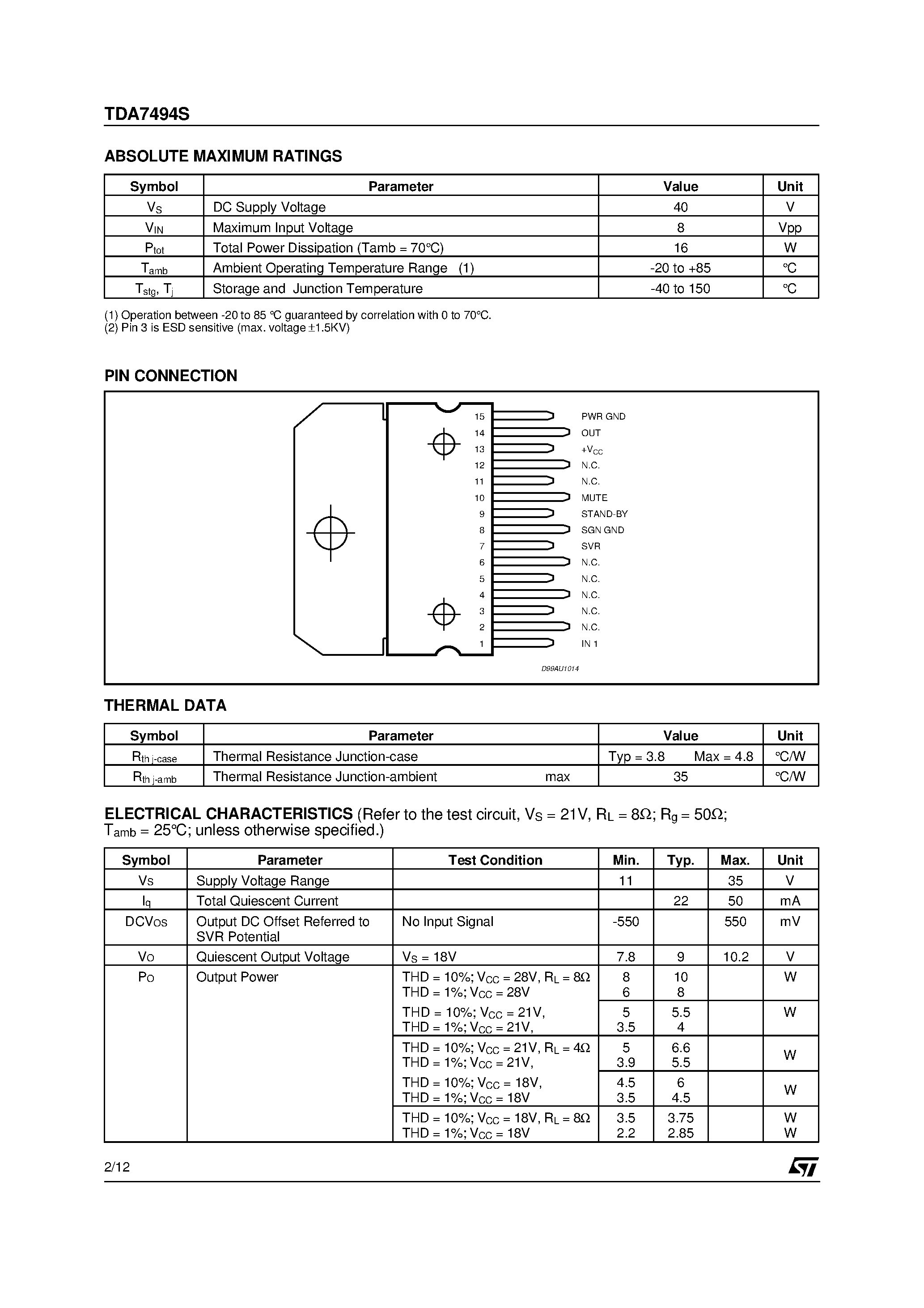 Datasheet TDA7494S - 10W AMPLIFIER page 2
