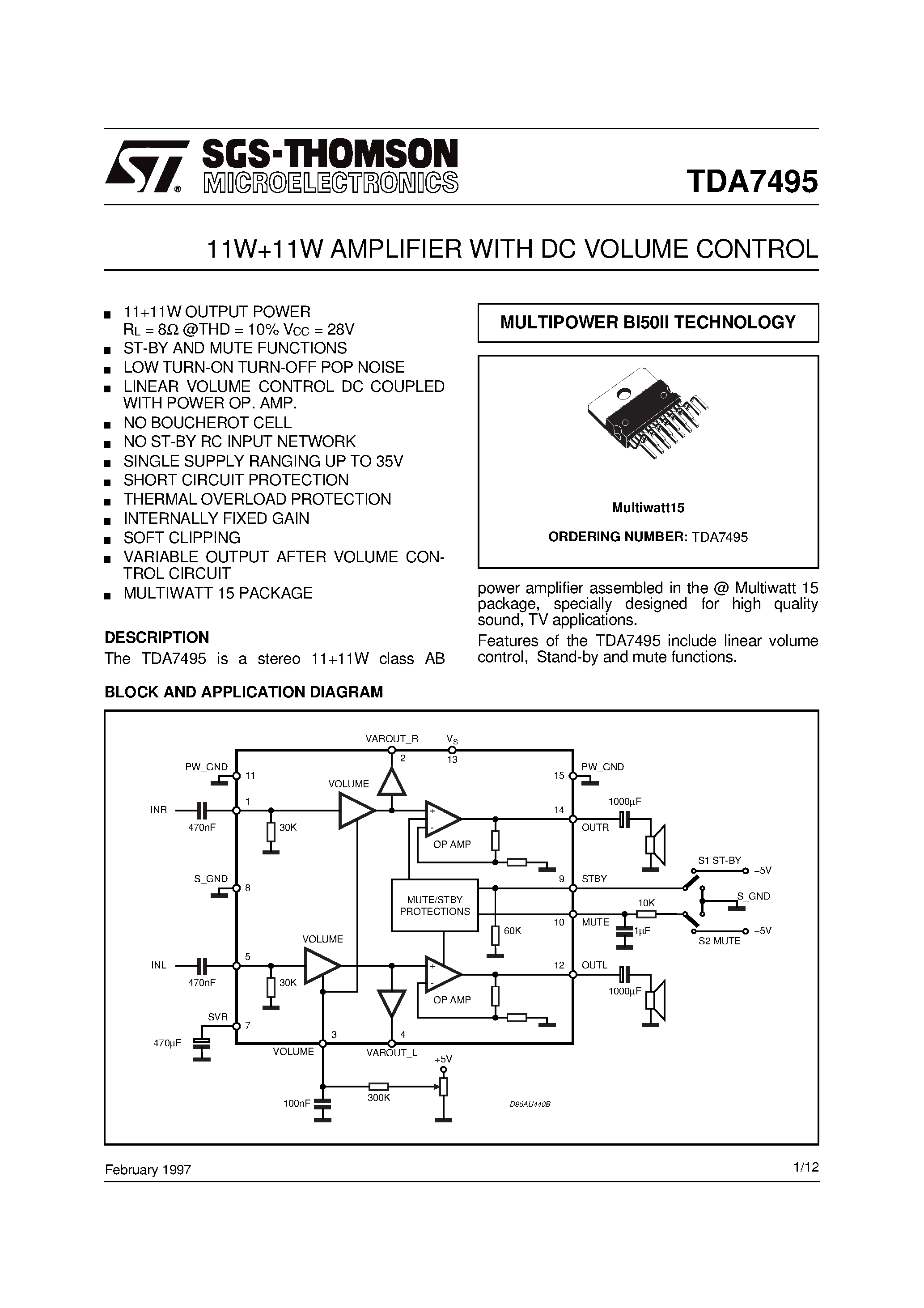 Datasheet TDA7495 - 11W+11W AMPLIFIER WITH DC VOLUME CONTROL page 1