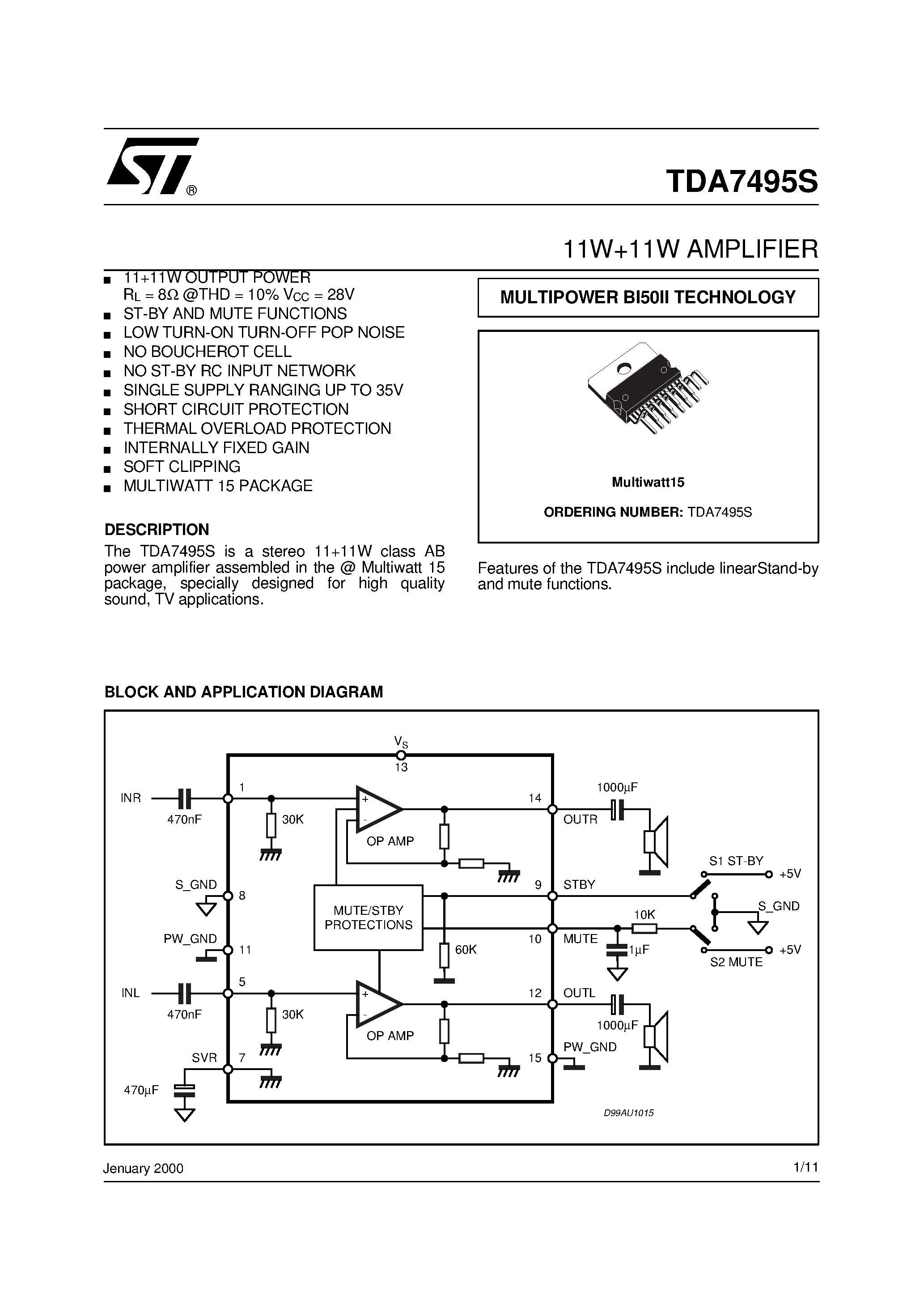 Datasheet TDA7495S - 11W+11W AMPLIFIER page 1