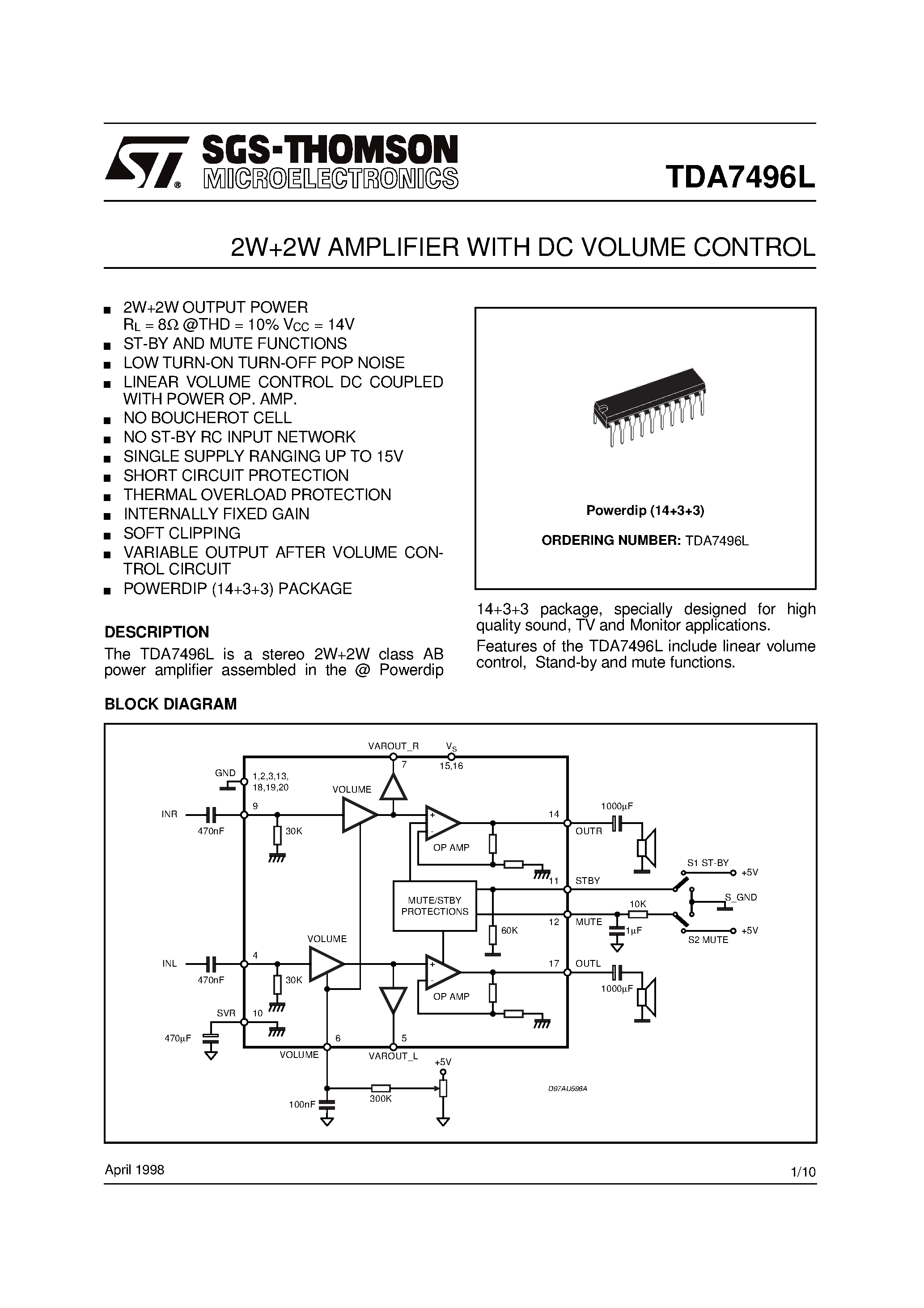 Datasheet TDA7496L - 2W+2W AMPLIFIER WITH DC VOLUME CONTROL page 1