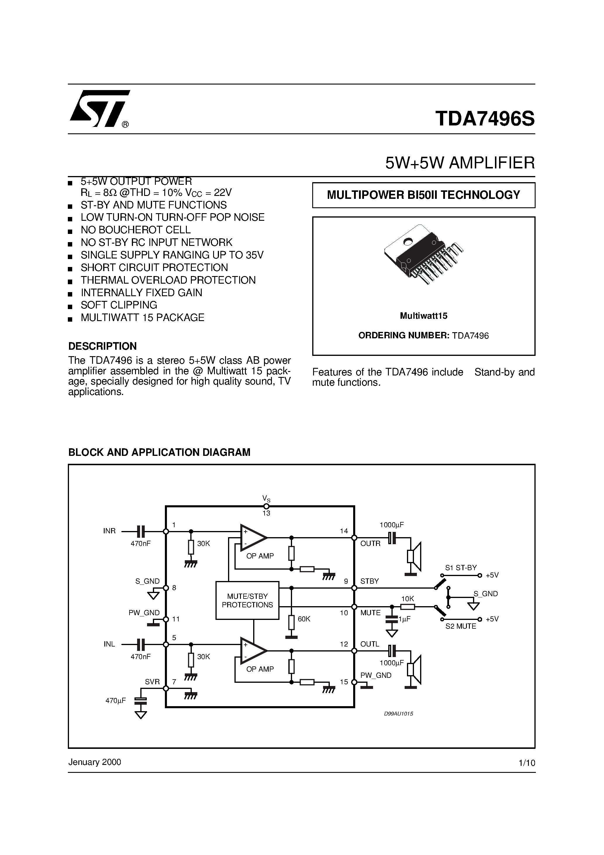 Datasheet TDA7496S - 5W+5W AMPLIFIER page 1
