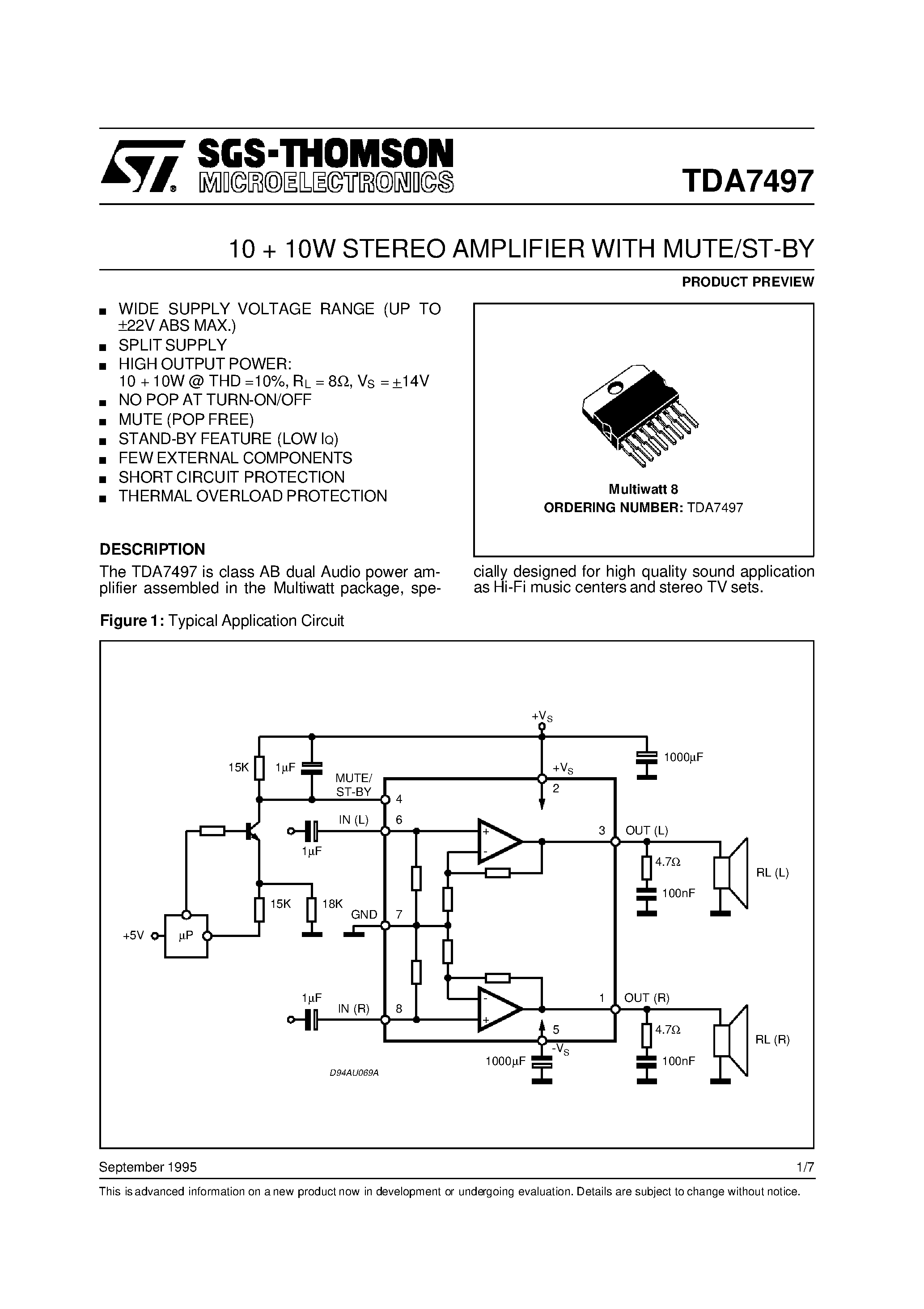 Datasheet TDA7497 - 10 + 10W STEREO AMPLIFIER WITH MUTE/ST-BY page 1