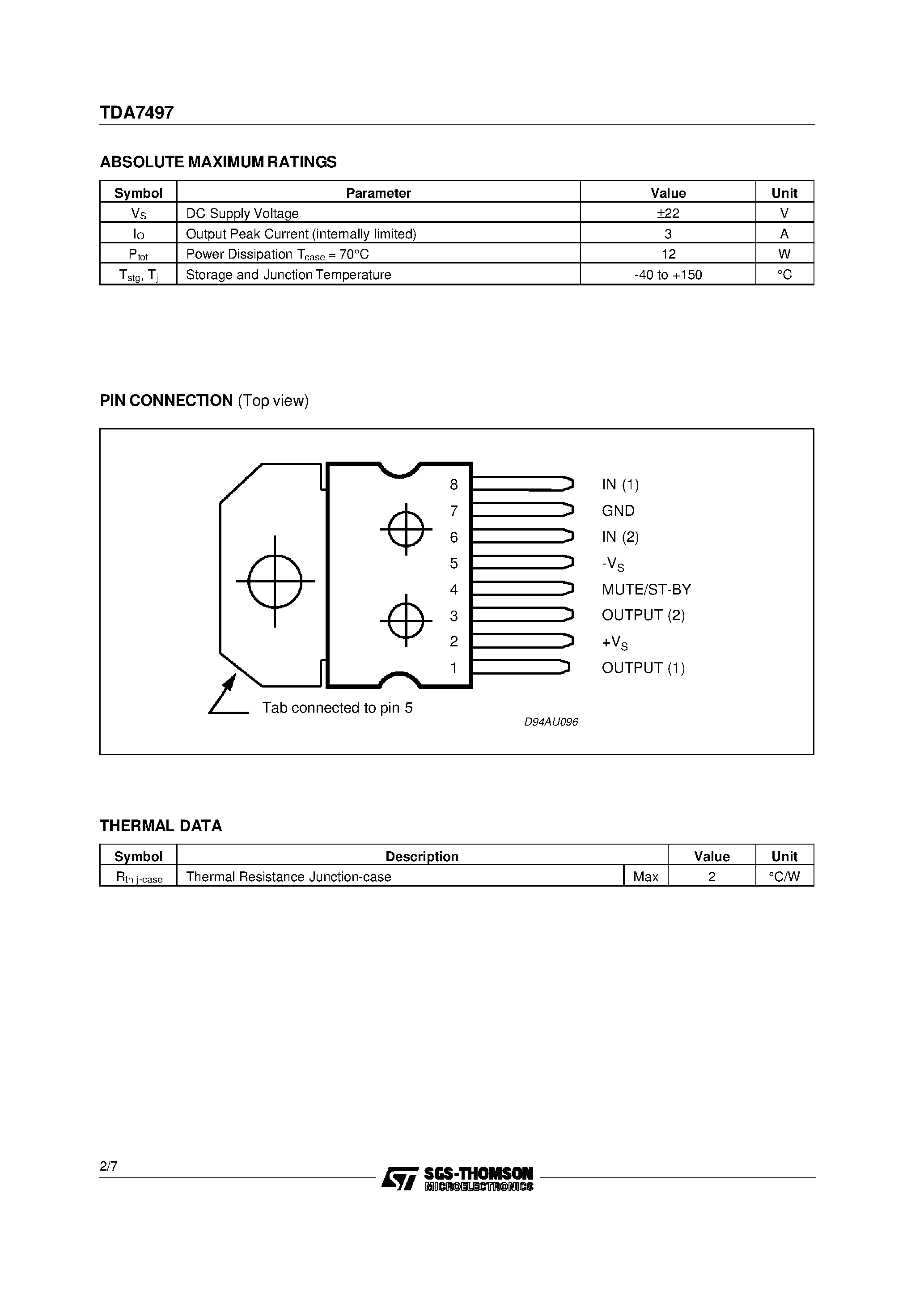 Datasheet TDA7497 - 10 + 10W STEREO AMPLIFIER WITH MUTE/ST-BY page 2