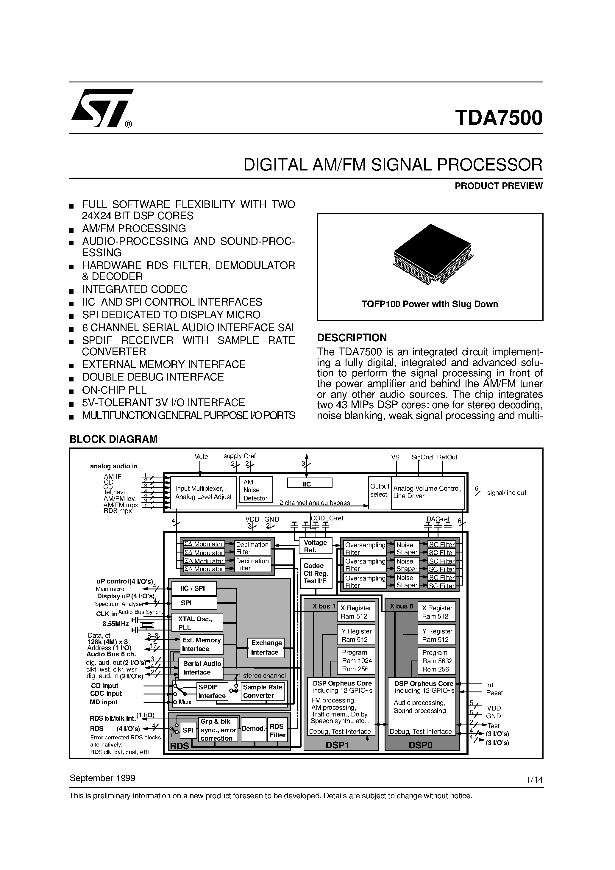 Datasheet TDA7500 - DIGITAL AM/FM SIGNAL PROCESSOR page 1