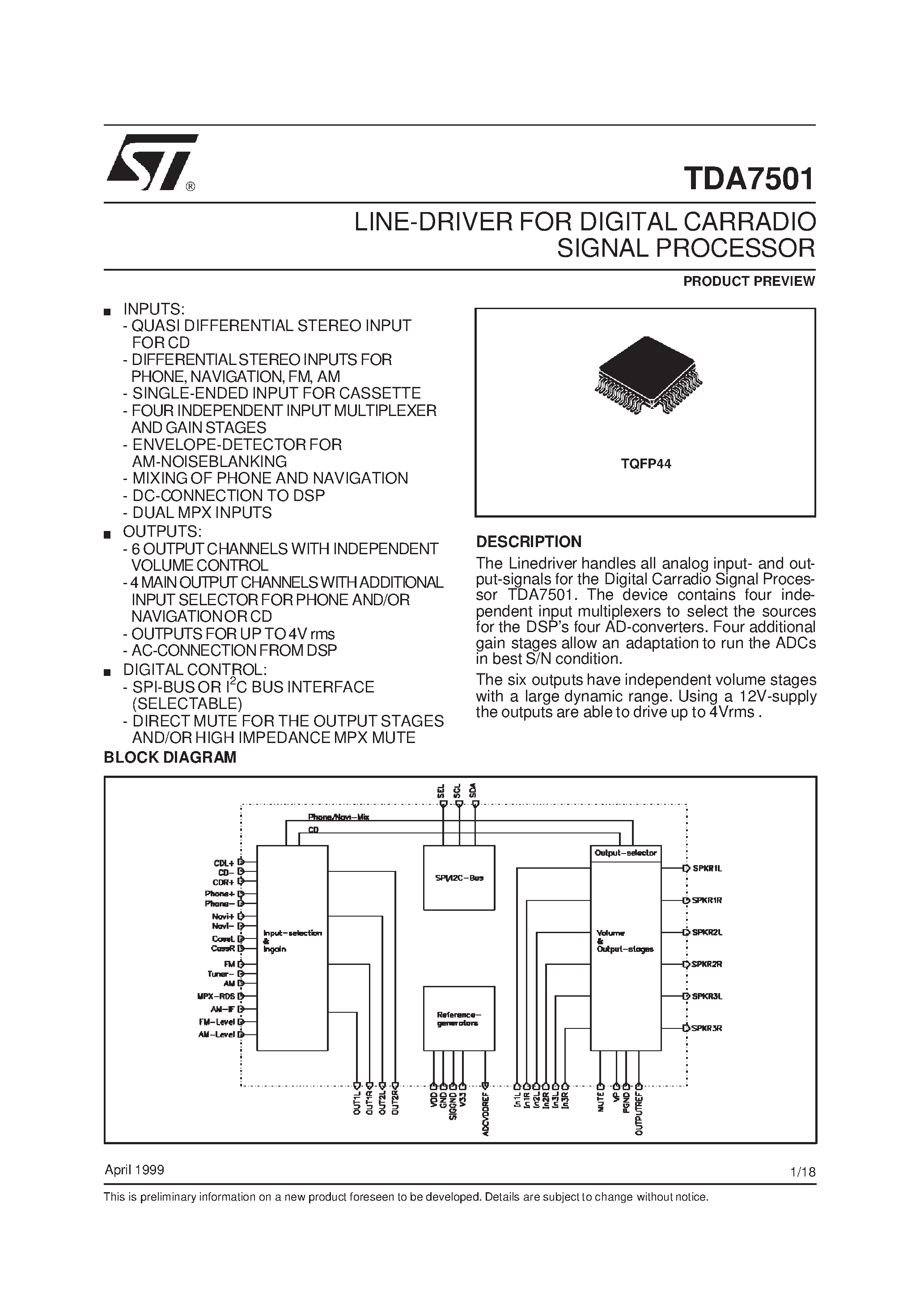 Datasheet TDA7501 - LINE-DRIVER FOR DIGITAL CARRADIO SIGNAL PROCESSOR page 1