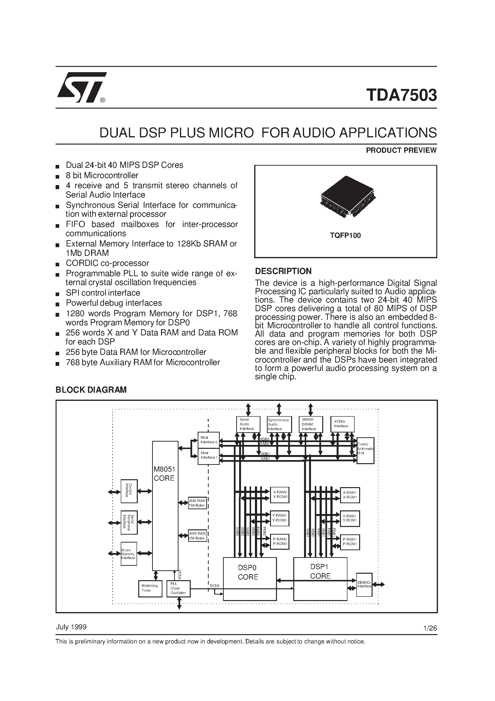 Datasheet TDA7503 - DUAL DSP PLUS MICRO FOR AUDIO APPLICATIONS page 1
