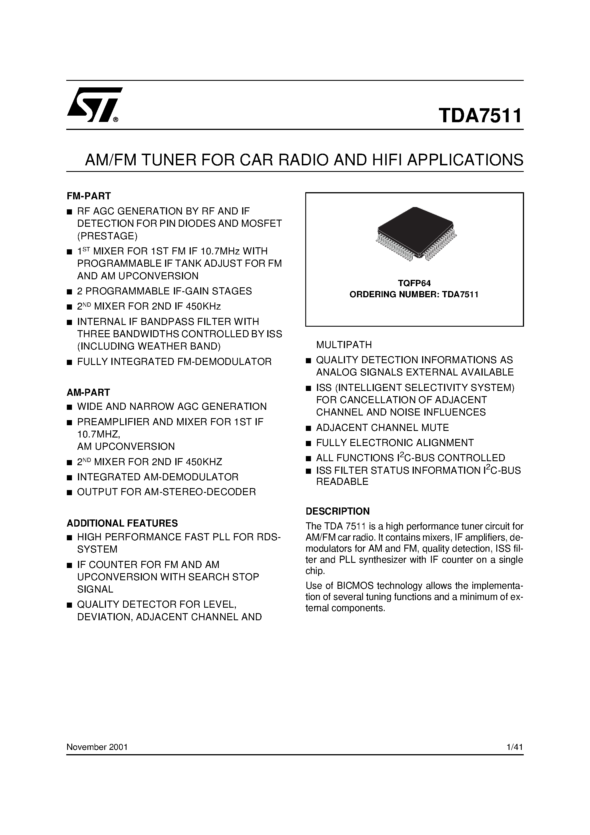 Datasheet TDA7511 - AM/FM TUNER FOR CAR RADIO AND HIFI APPLICATIONS page 1