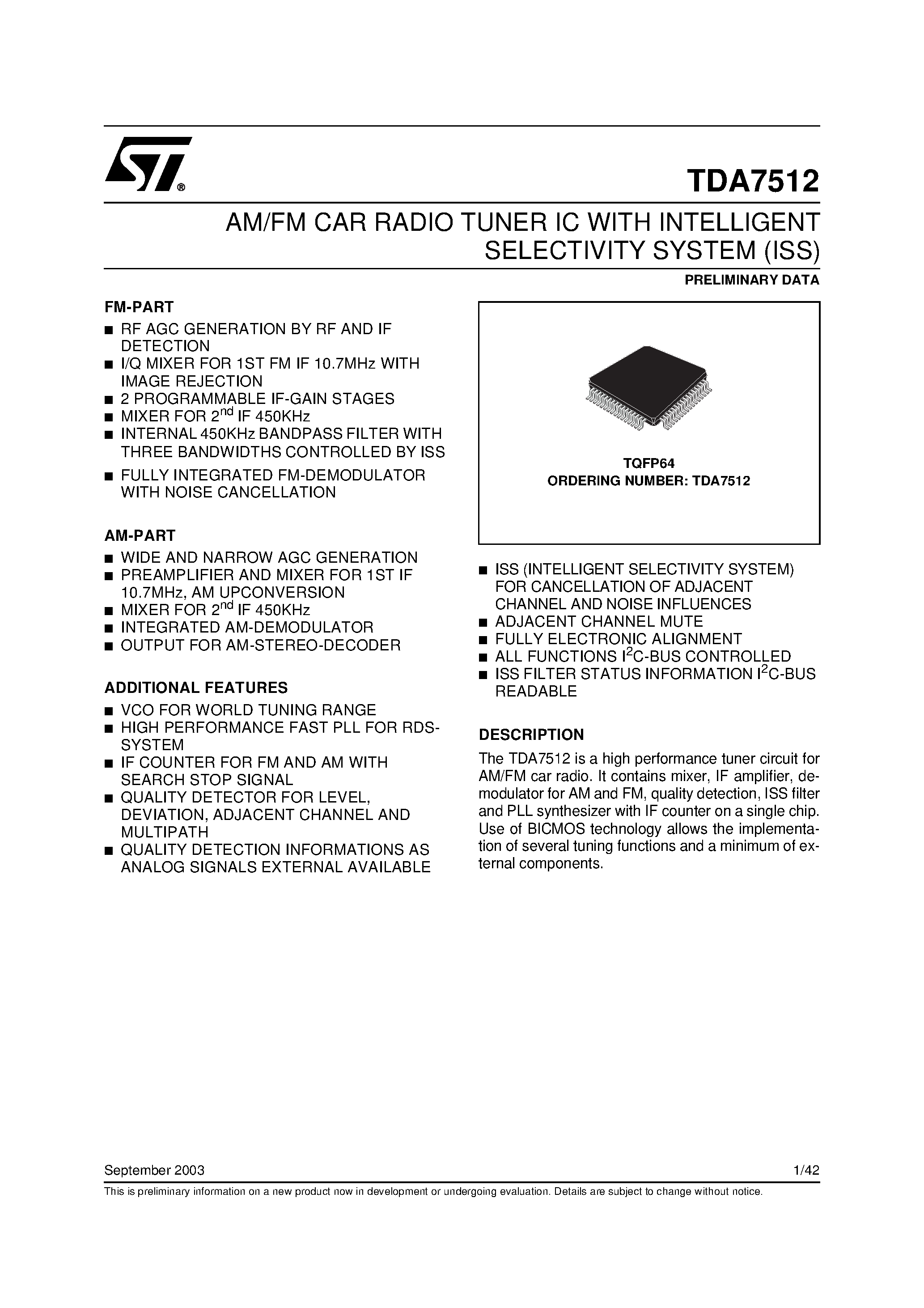 Datasheet TDA7512 - AM/FM CAR RADIO TUNER IC WITH INTELLIGENT SELECTIVITY SYSTEM ISS page 1