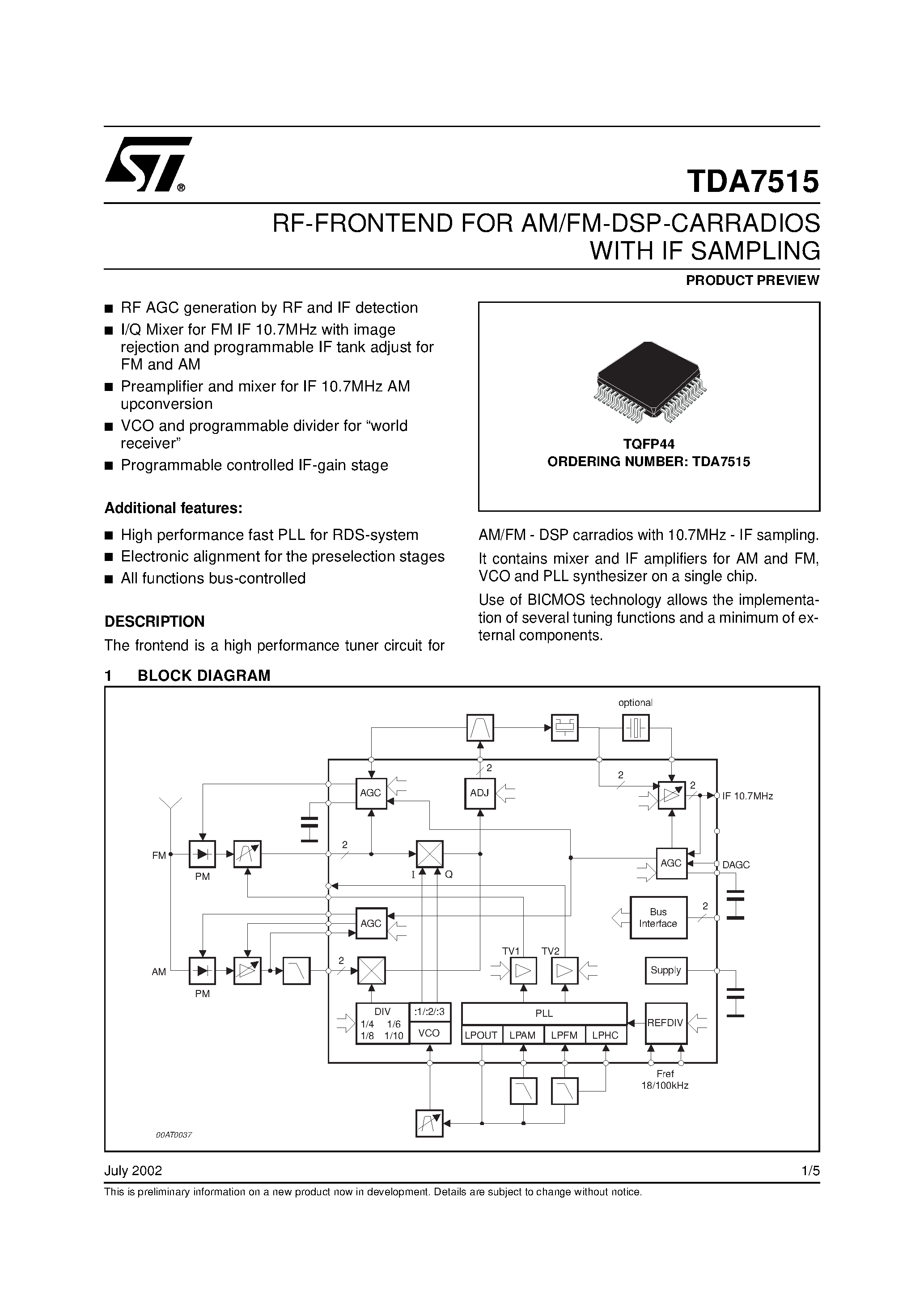 Datasheet TDA7515 - RF-FRONTEND FOR AM/FM-DSP-CARRADIOS WITH IF SAMPLING page 1
