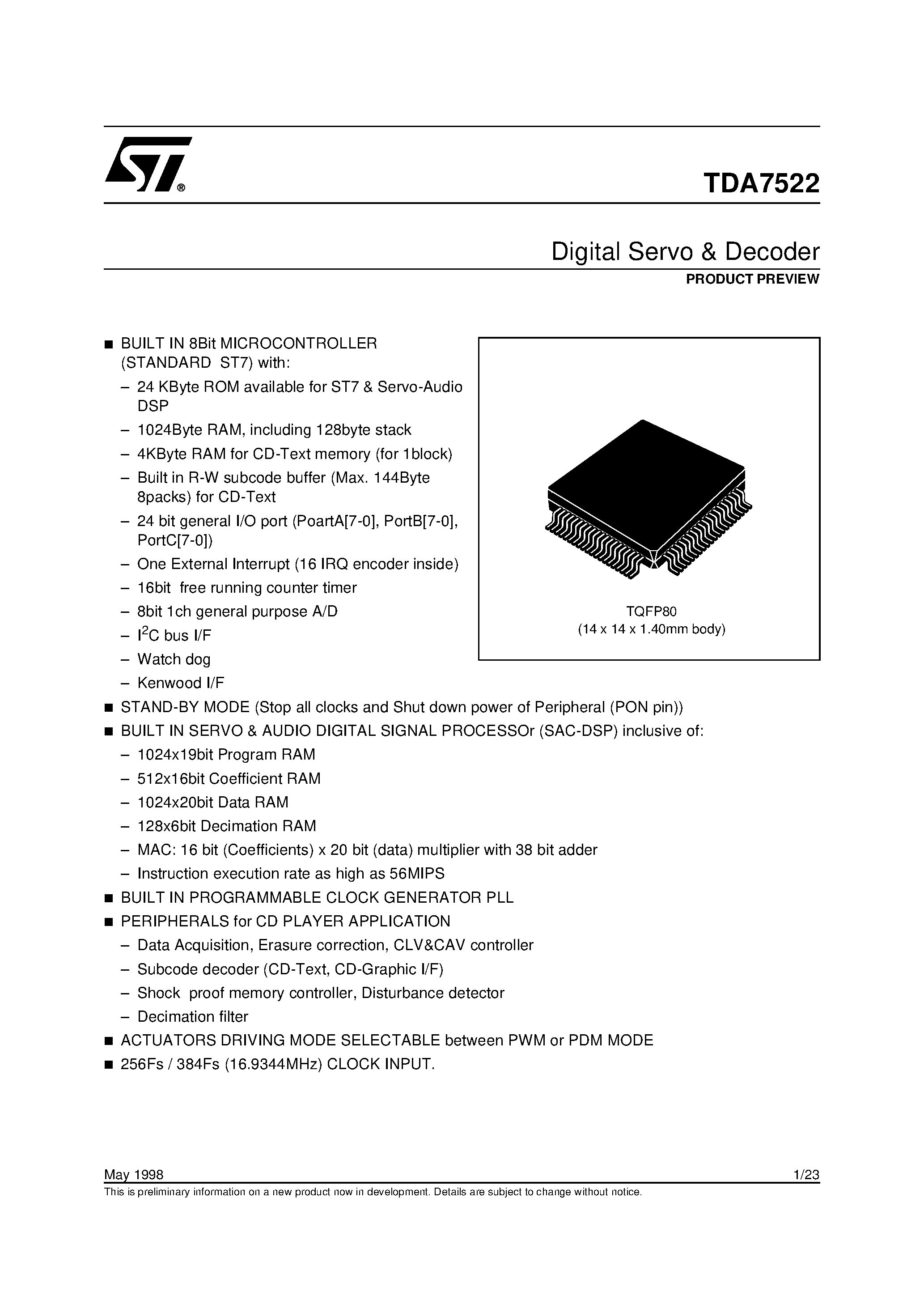 Datasheet TDA7522 - Digital Servo & Decoder page 1