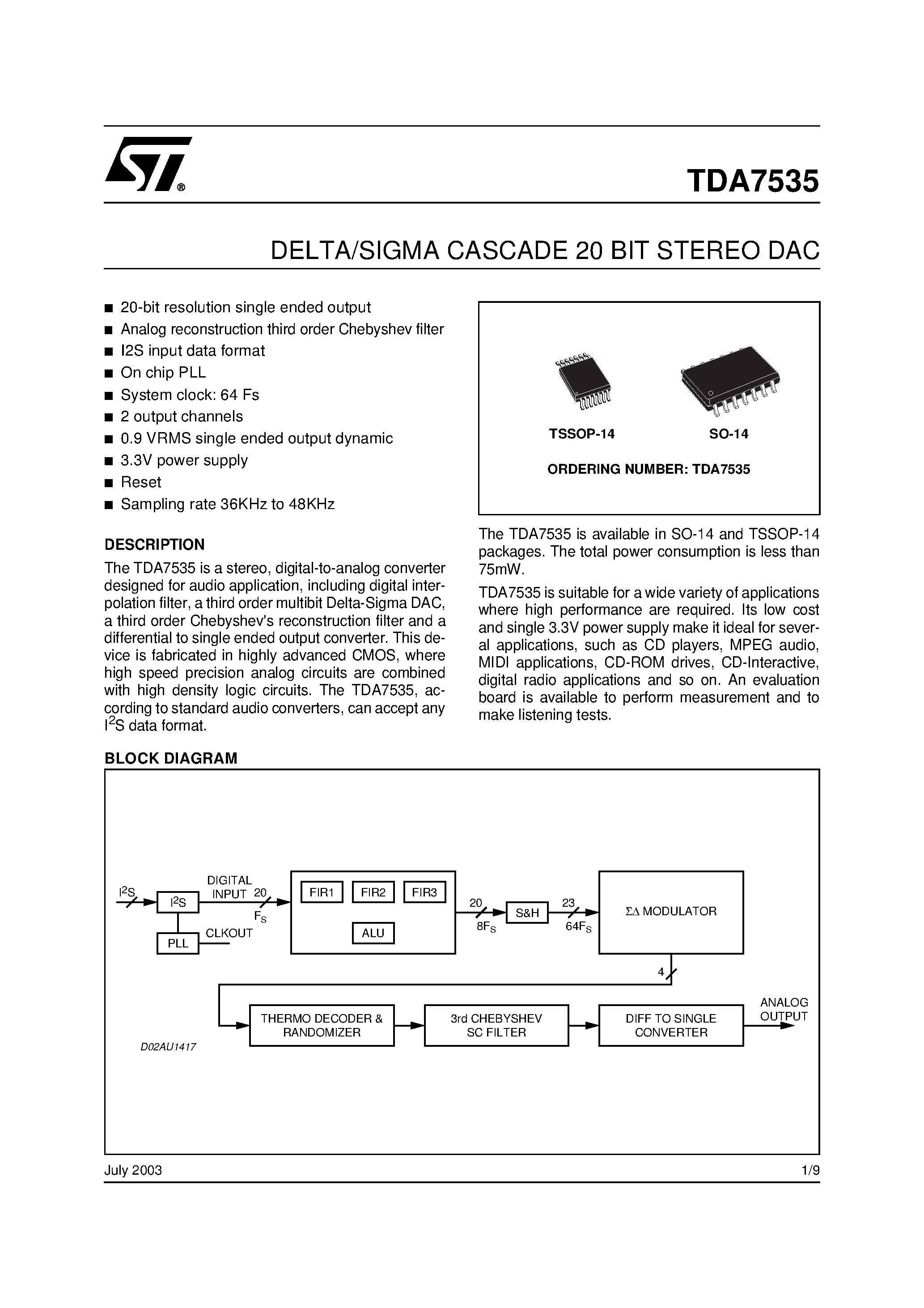 Datasheet TDA7535 - DELTA/SIGMA CASCADE 20 BIT STEREO DAC page 1